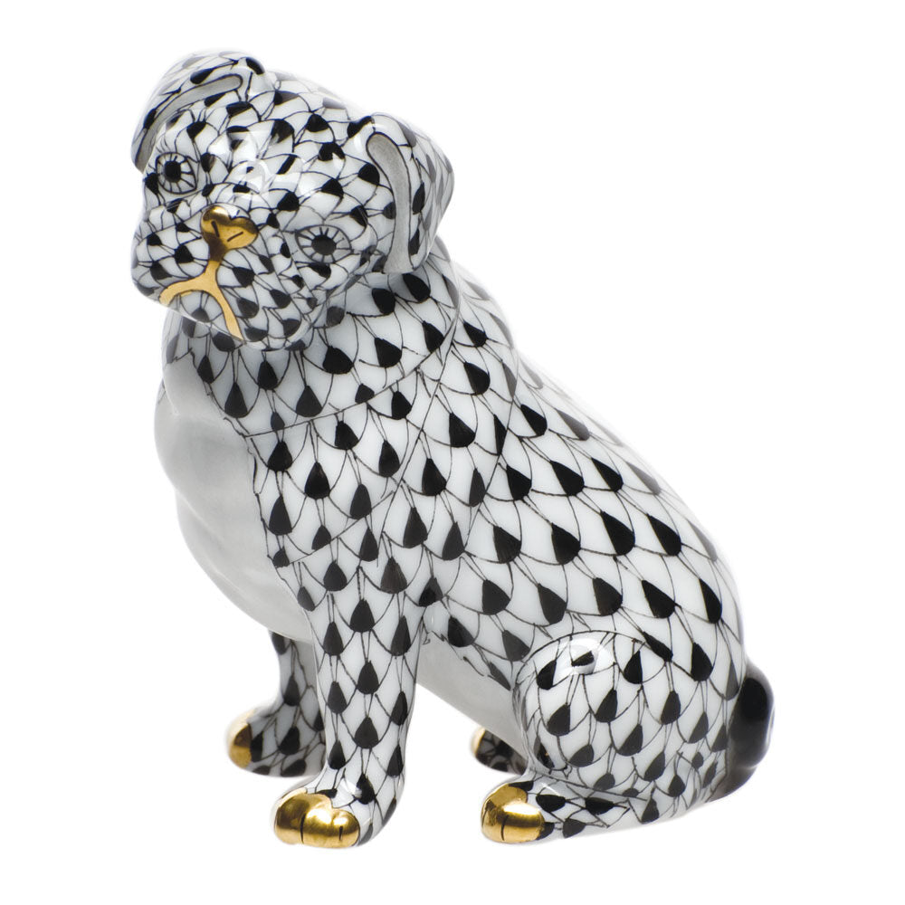 Herend Sitting Pug Figurine porcelain figurine painted in the Black fishnet pattern