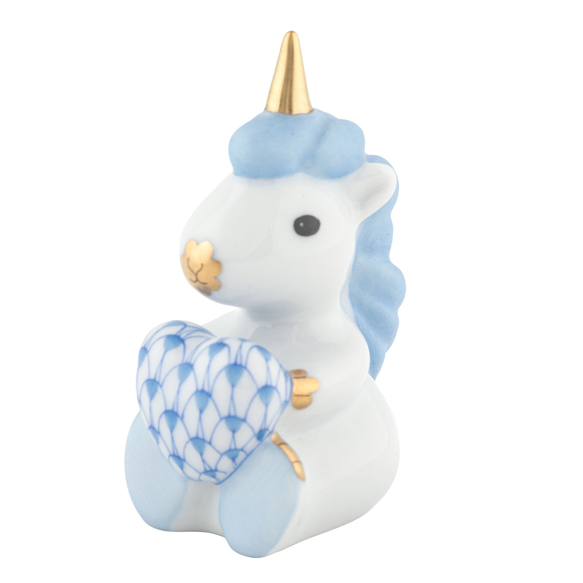 Blue fishnet Sitting Unicorn Figurine figurine, hand-painted Herend porcelain with 24k gold accents