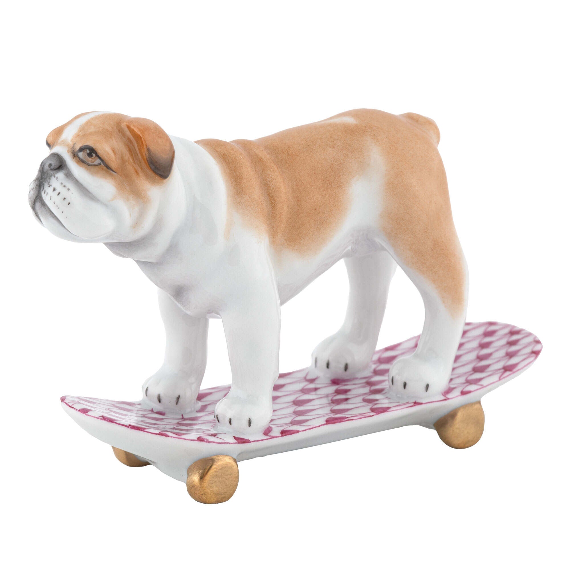 Raspberry fishnet Skateboarding Bulldog Figurine figurine, hand-painted Herend porcelain with 24k gold accents