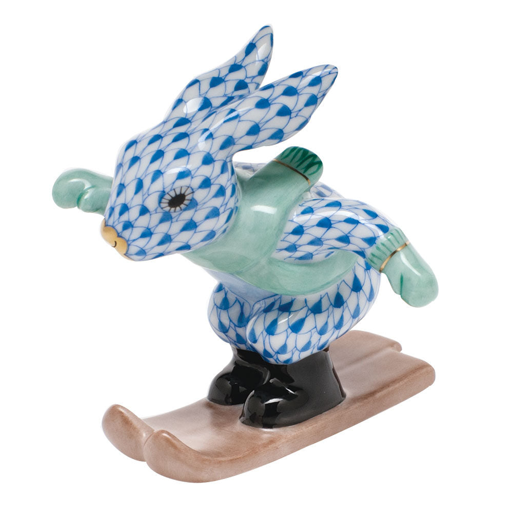 Herend Ski Bunny Figurine porcelain figurine painted in the Blue fishnet pattern