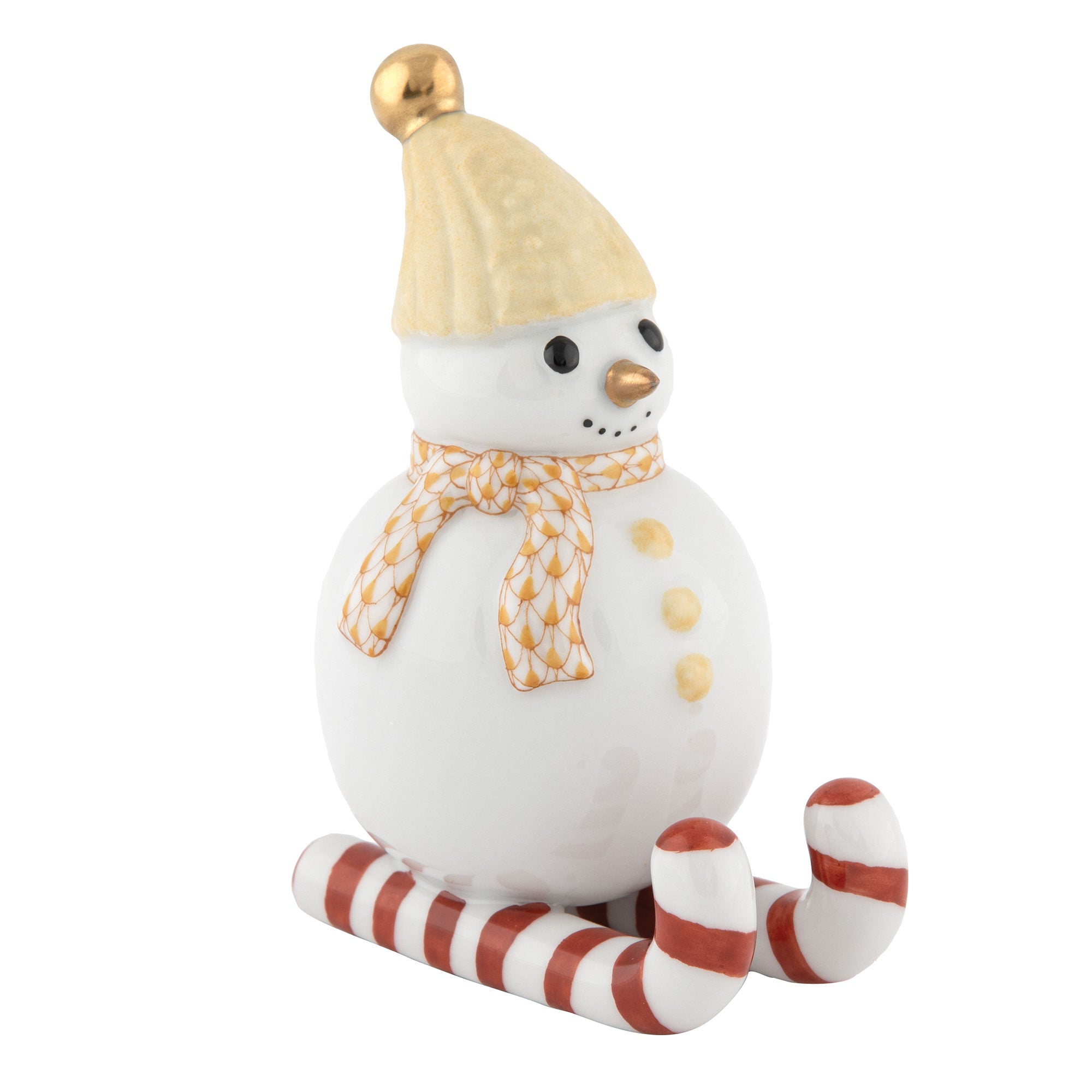 Herend Skiing Snowman Figurine porcelain figurine painted in the Butterscotch fishnet pattern