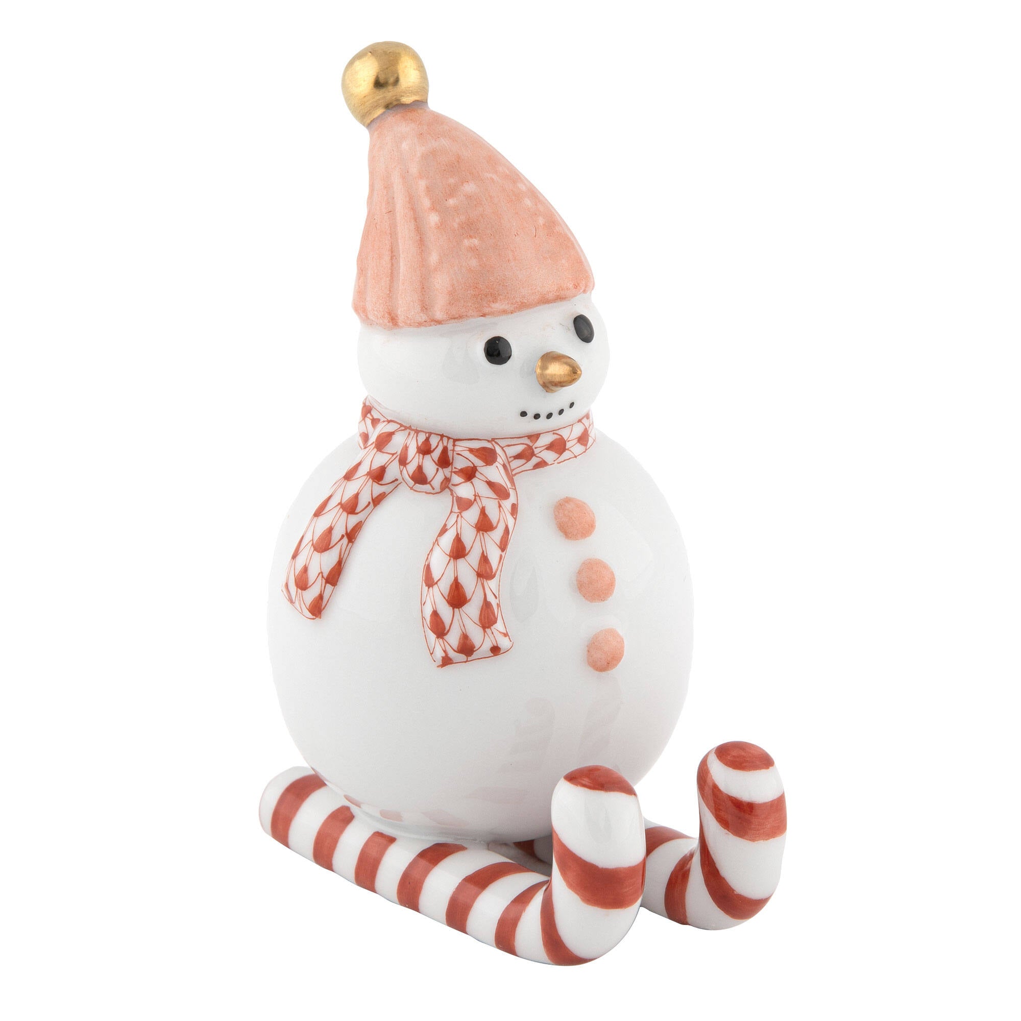 Hand-painted Herend Skiing Snowman Figurine in Rust fishnet porcelain on a white background