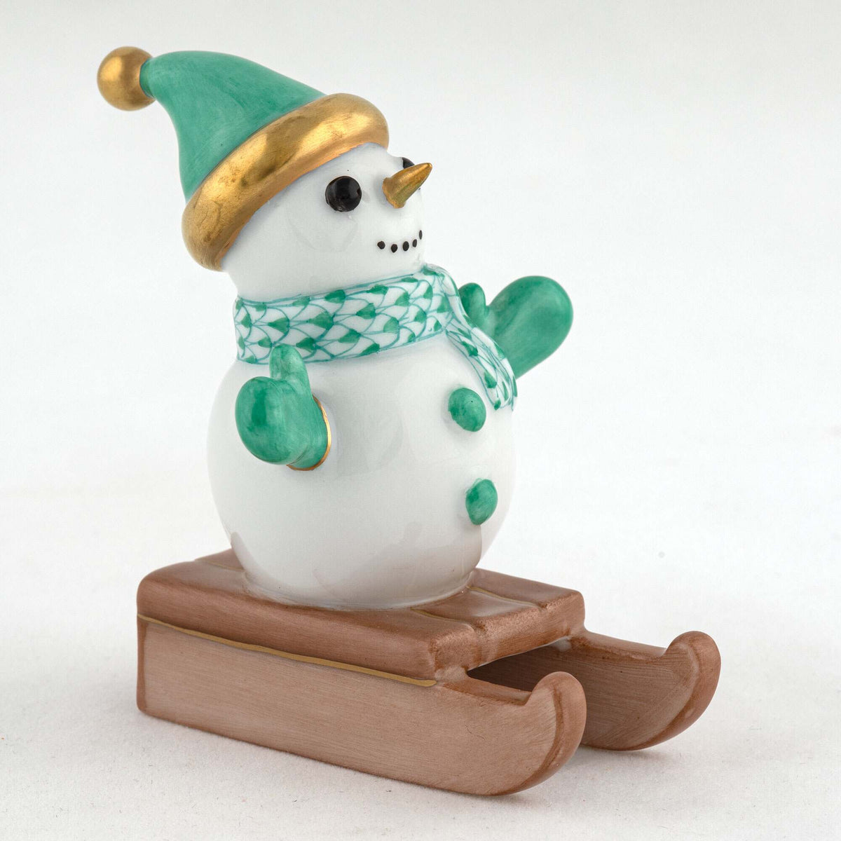 Herend Sledding Snowman Figurine – Green, alternate view