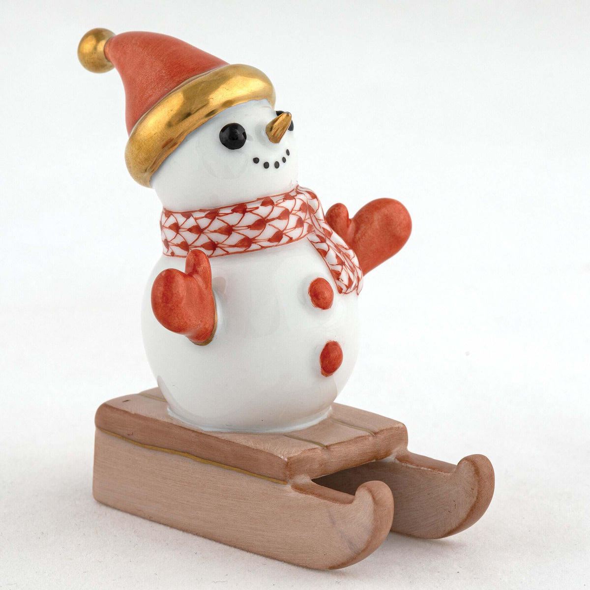 Herend Sledding Snowman Figurine – Rust, alternate view