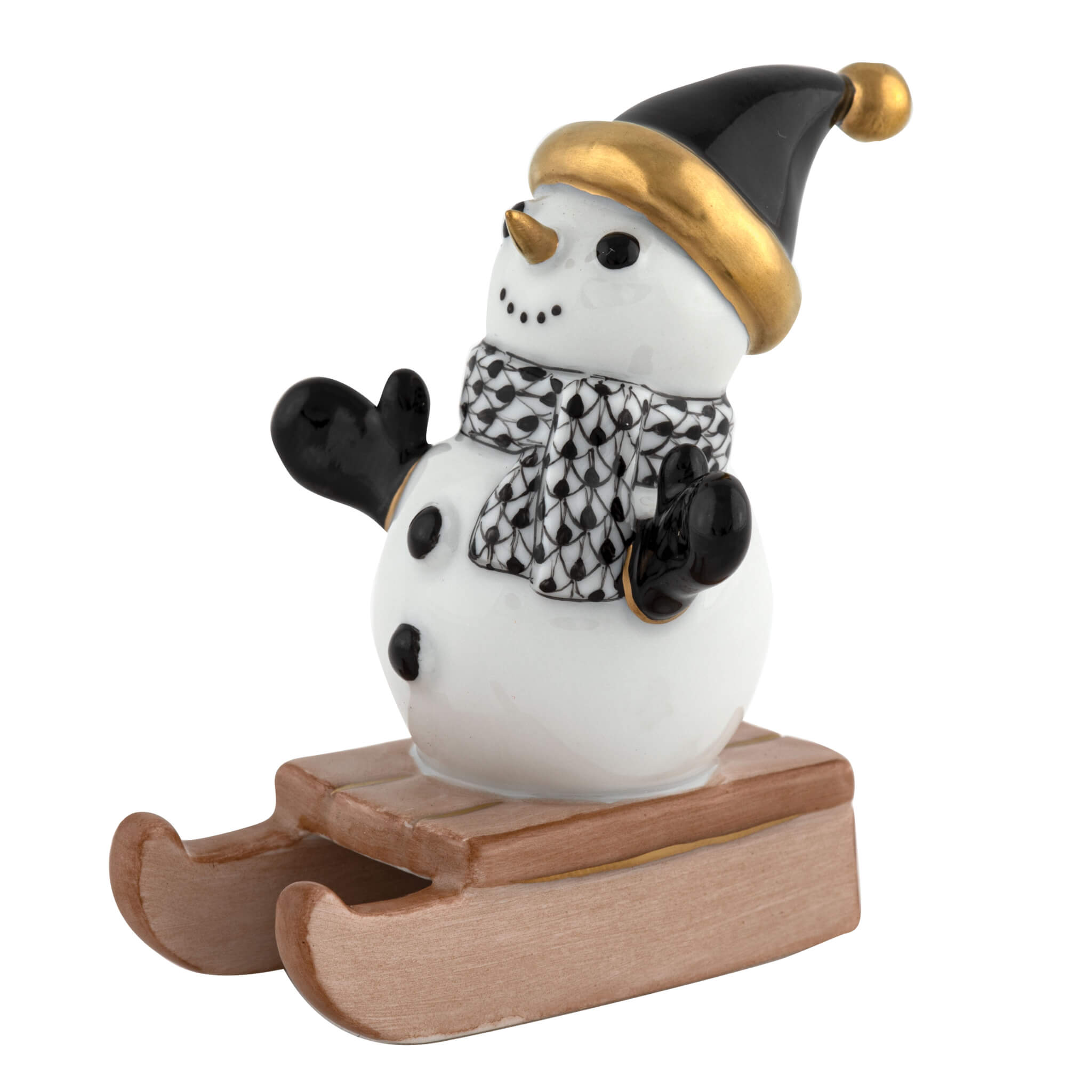 Herend Sledding Snowman figurine in Black with black fishnet pattern with gold accents on a white background