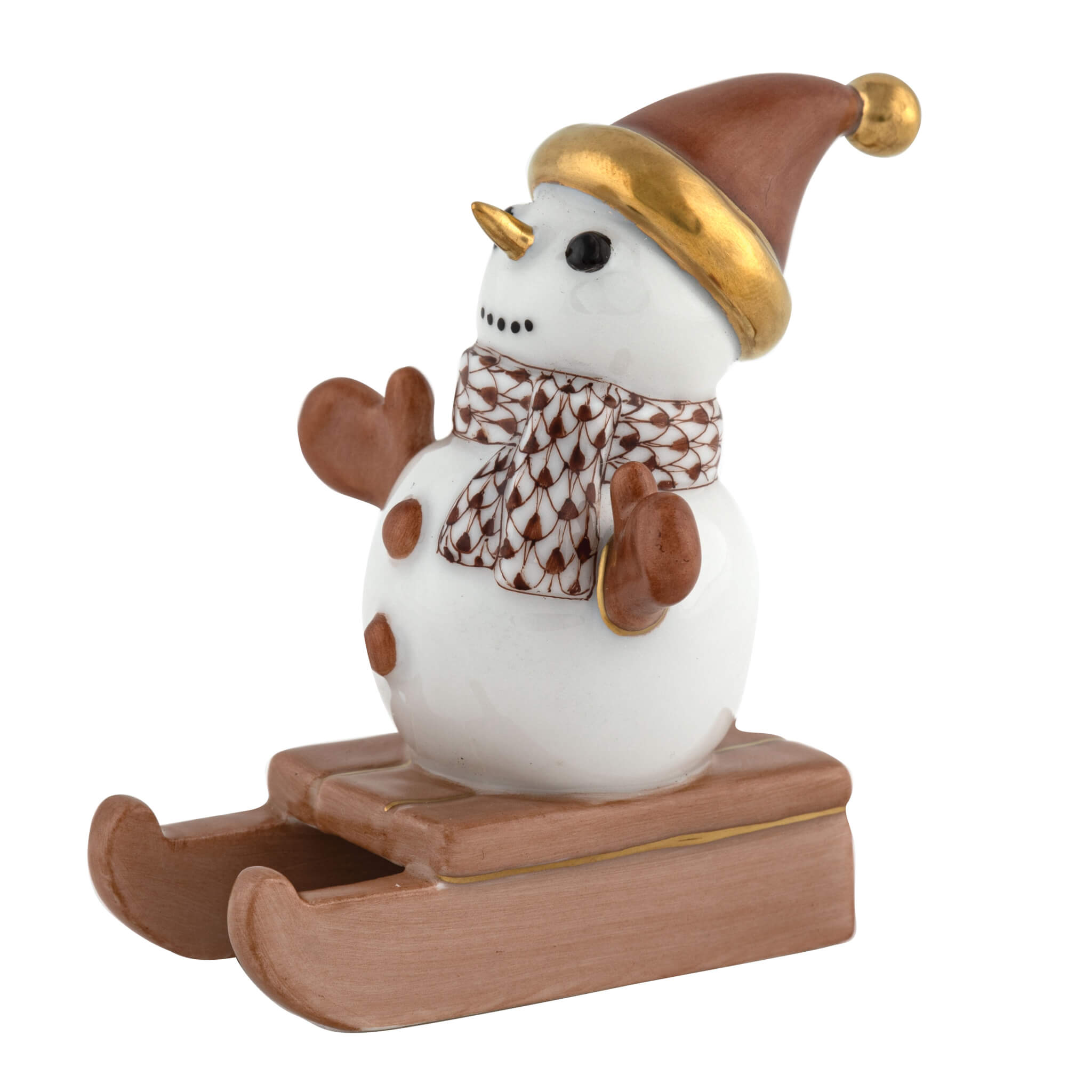 Herend Sledding Snowman figurine in Chocolate with chocolate brown fishnet pattern with gold accents on a white background