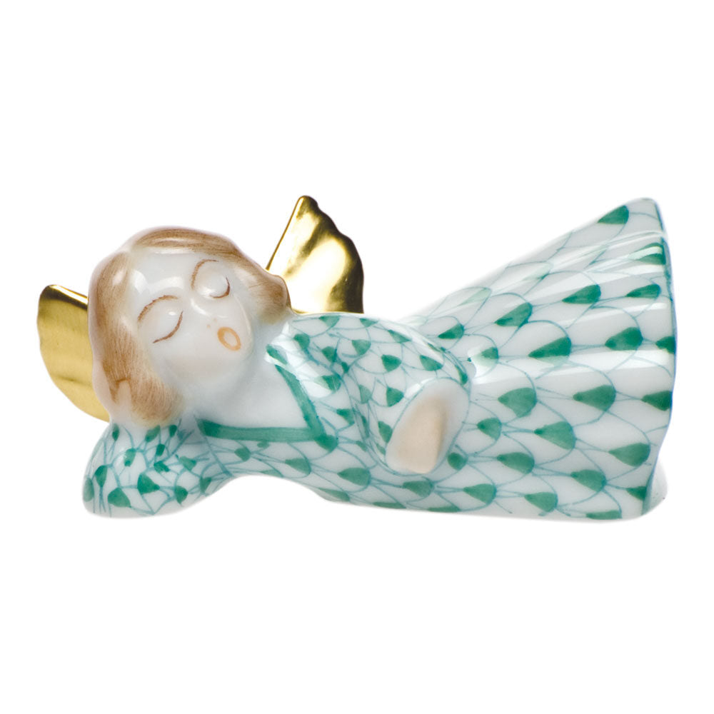 Hand-painted Herend Sleeping Angel Figurine in Green fishnet porcelain on a white background