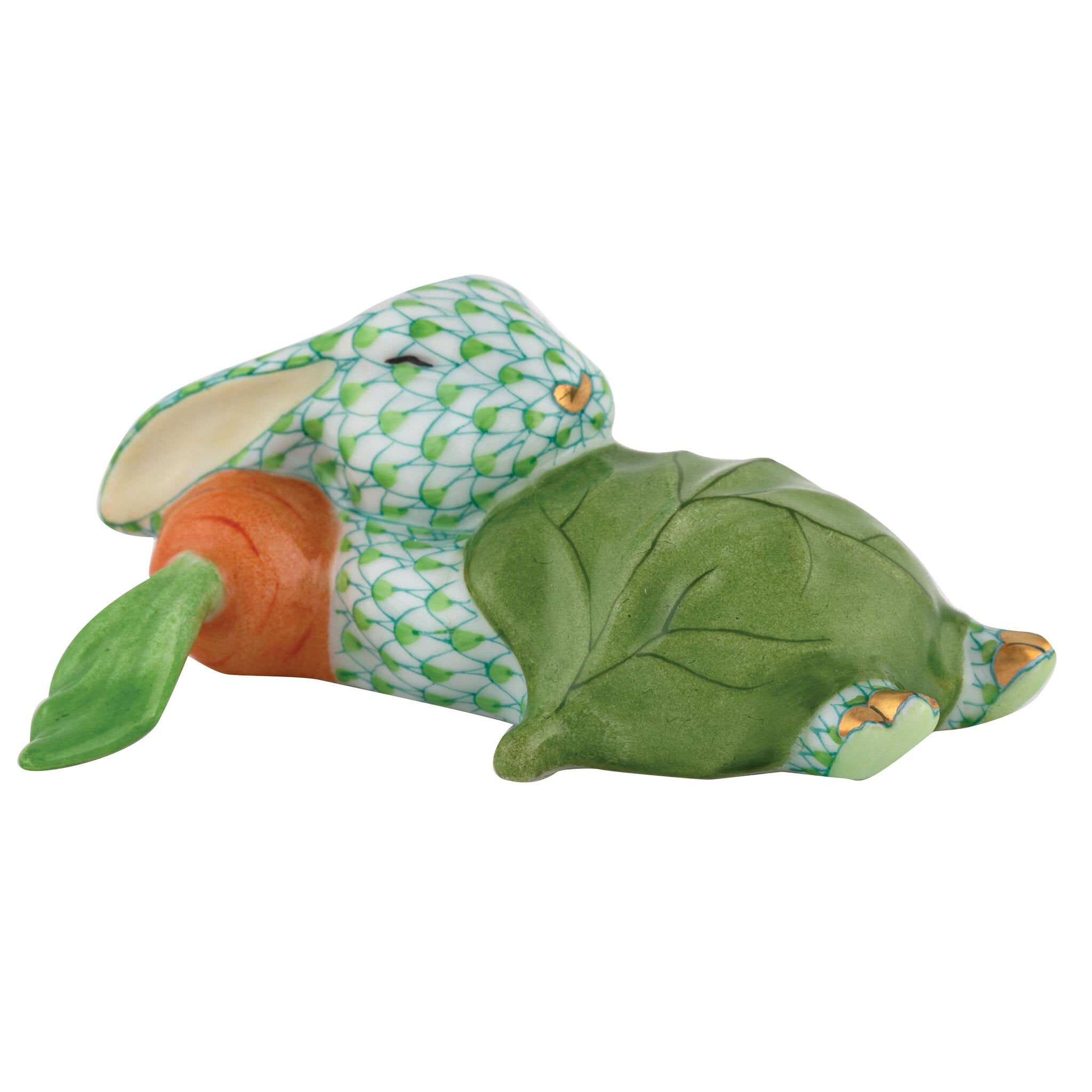 Herend Slumber Bunny Figurine porcelain figurine painted in the Key Lime fishnet pattern