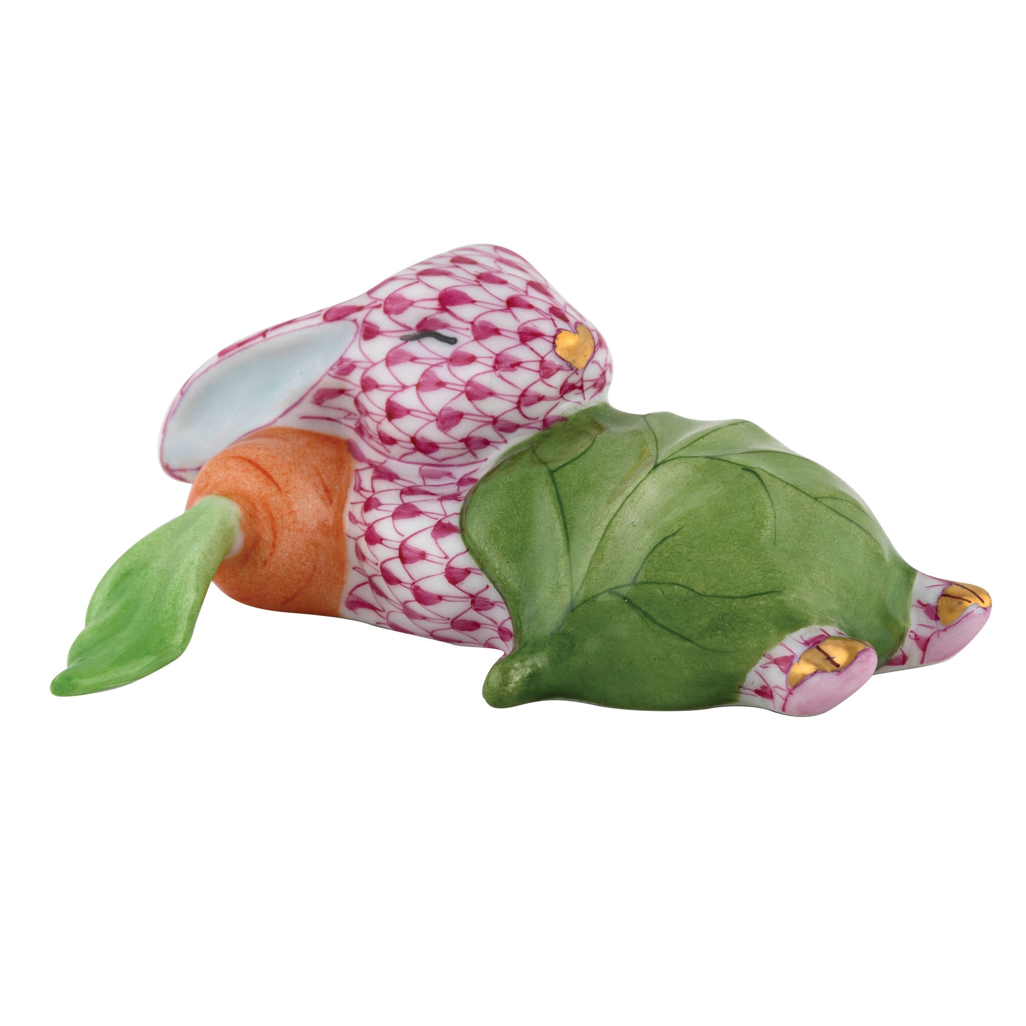Hand-painted Herend Slumber Bunny Figurine in Raspberry fishnet porcelain on a white background