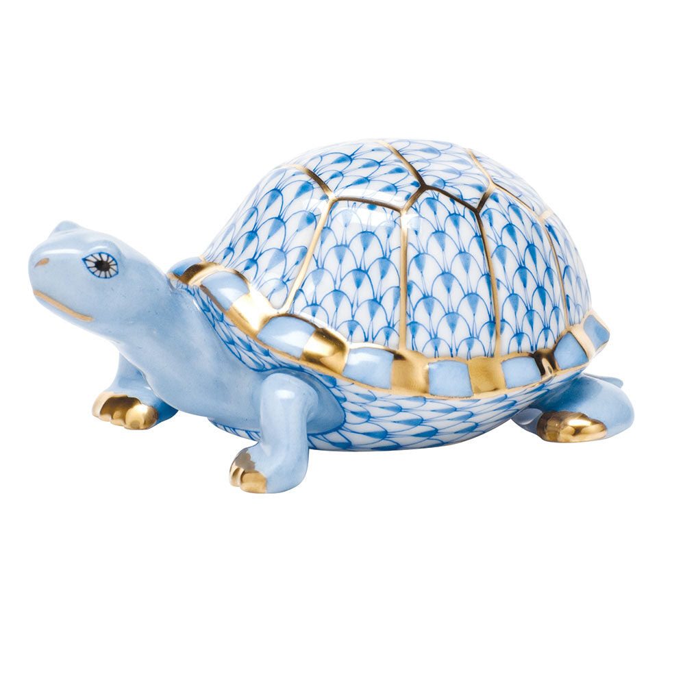 Blue fishnet Small Box Turtle Figurine figurine, hand-painted Herend porcelain with 24k gold accents