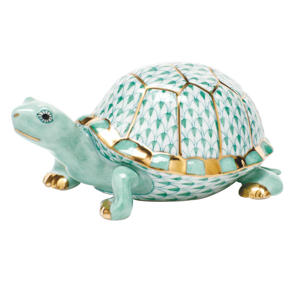 Hand-painted Herend Small Box Turtle Figurine in Green fishnet porcelain on a white background