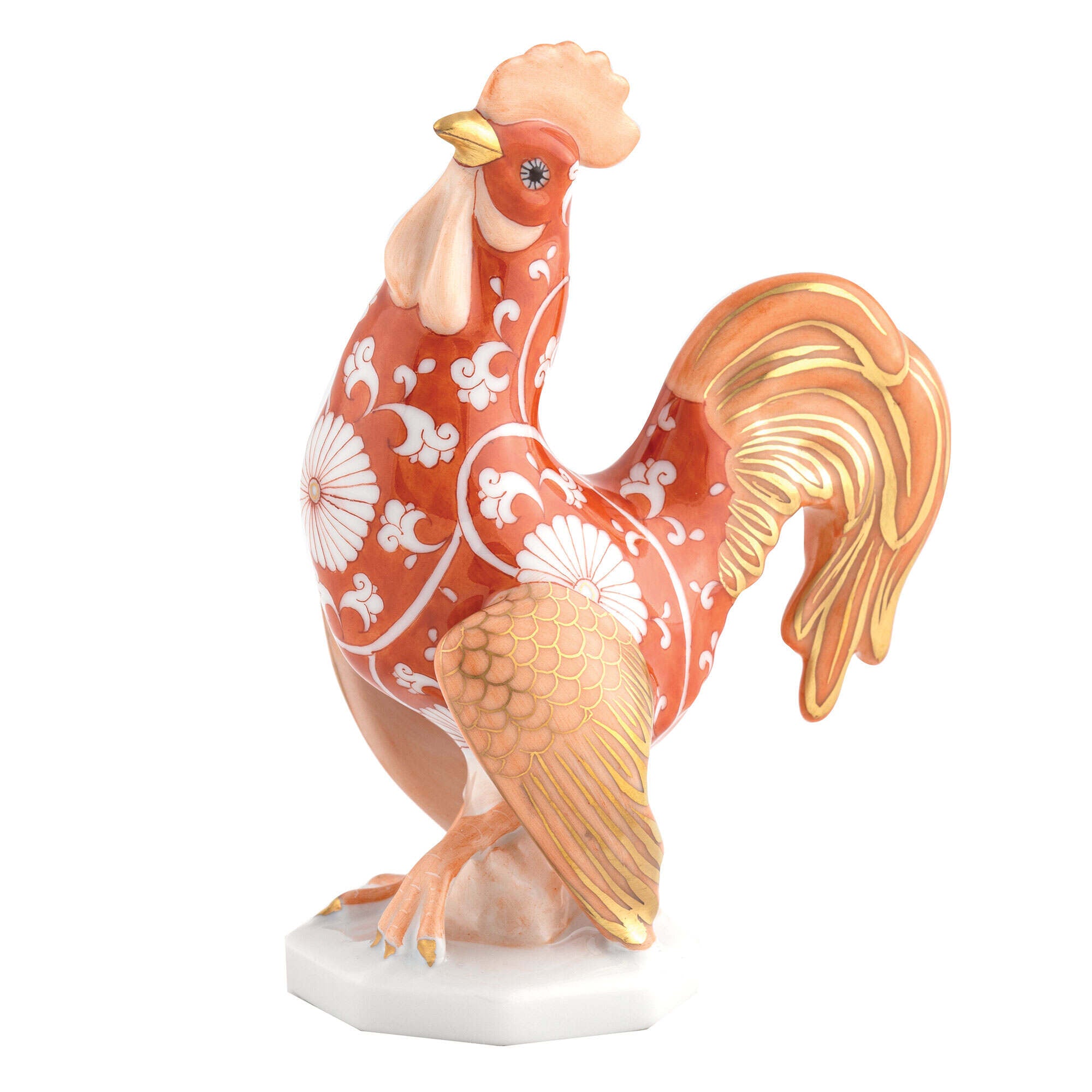 Hand-painted Herend Small Cocky Rooster Figurine in Chrysanthemum fishnet porcelain on a white background