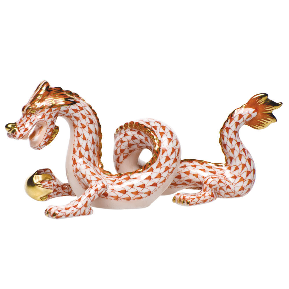 Rust fishnet Small Dragon Figurine figurine, hand-painted Herend porcelain with 24k gold accents