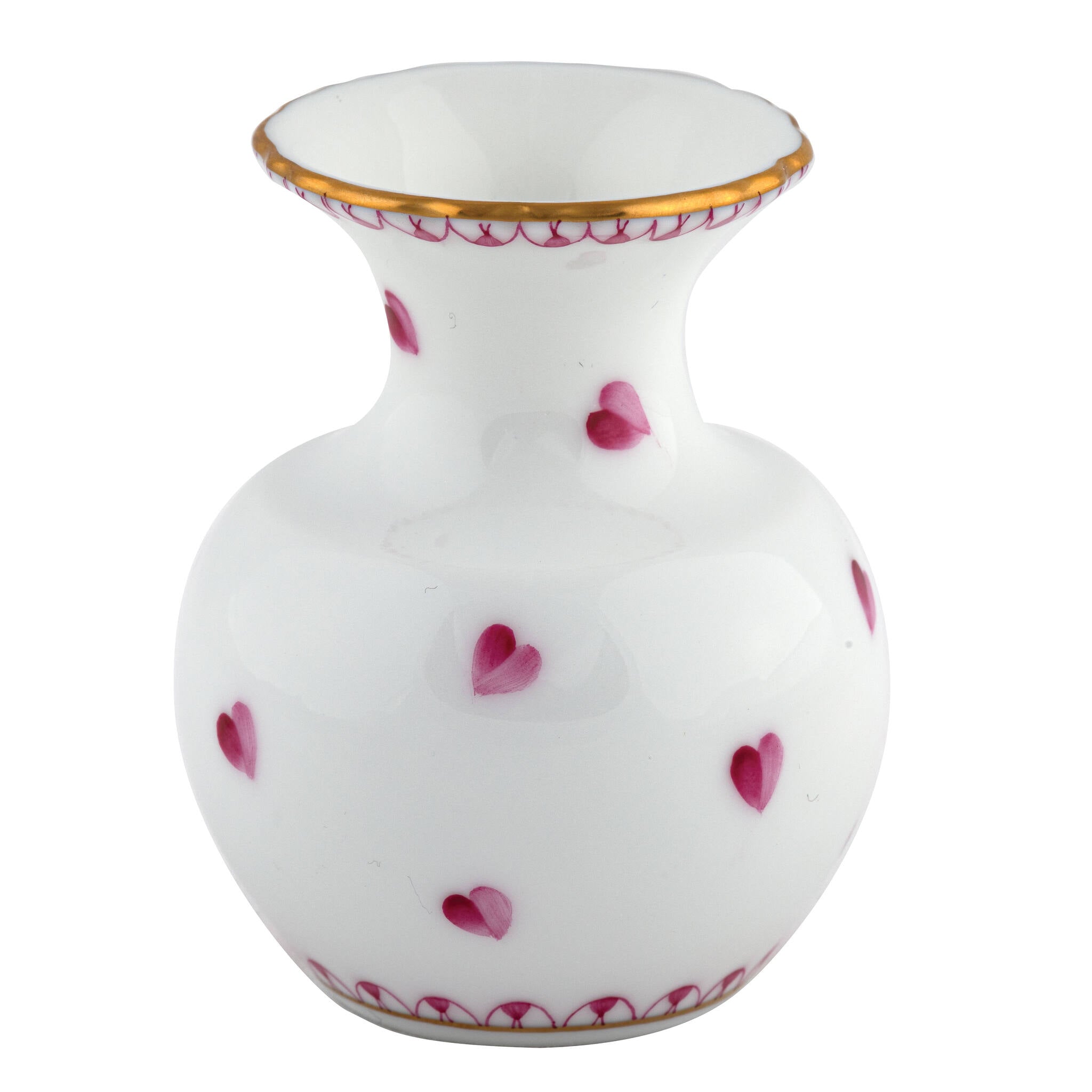 Hand-painted Herend Small Heart Vase in fine porcelain, 2.25in L X 2.25in W X 2.75in H, on a white background