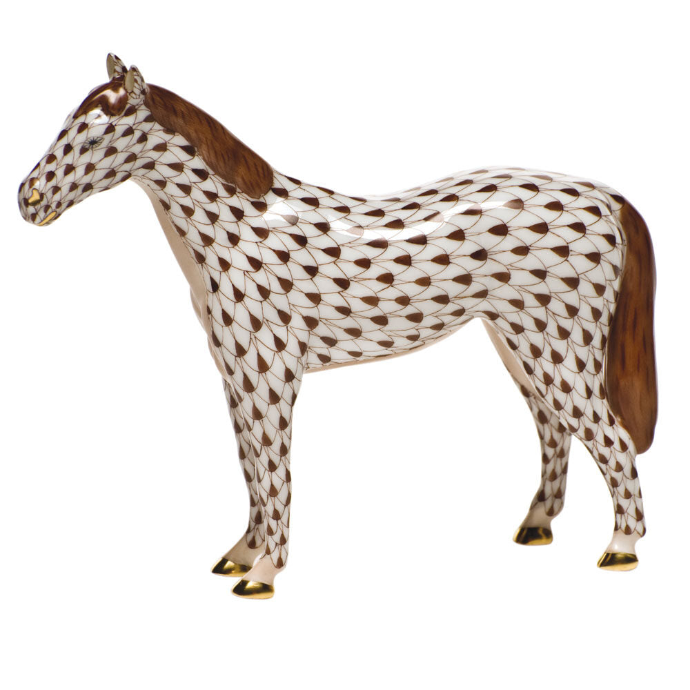 Herend Small Horse Figurine porcelain figurine painted in the Chocolate fishnet pattern