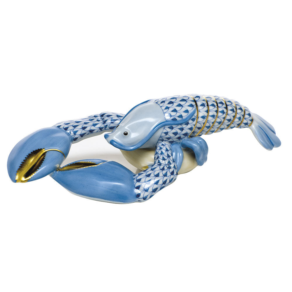 Blue fishnet Small Lobster Figurine figurine, hand-painted Herend porcelain with 24k gold accents