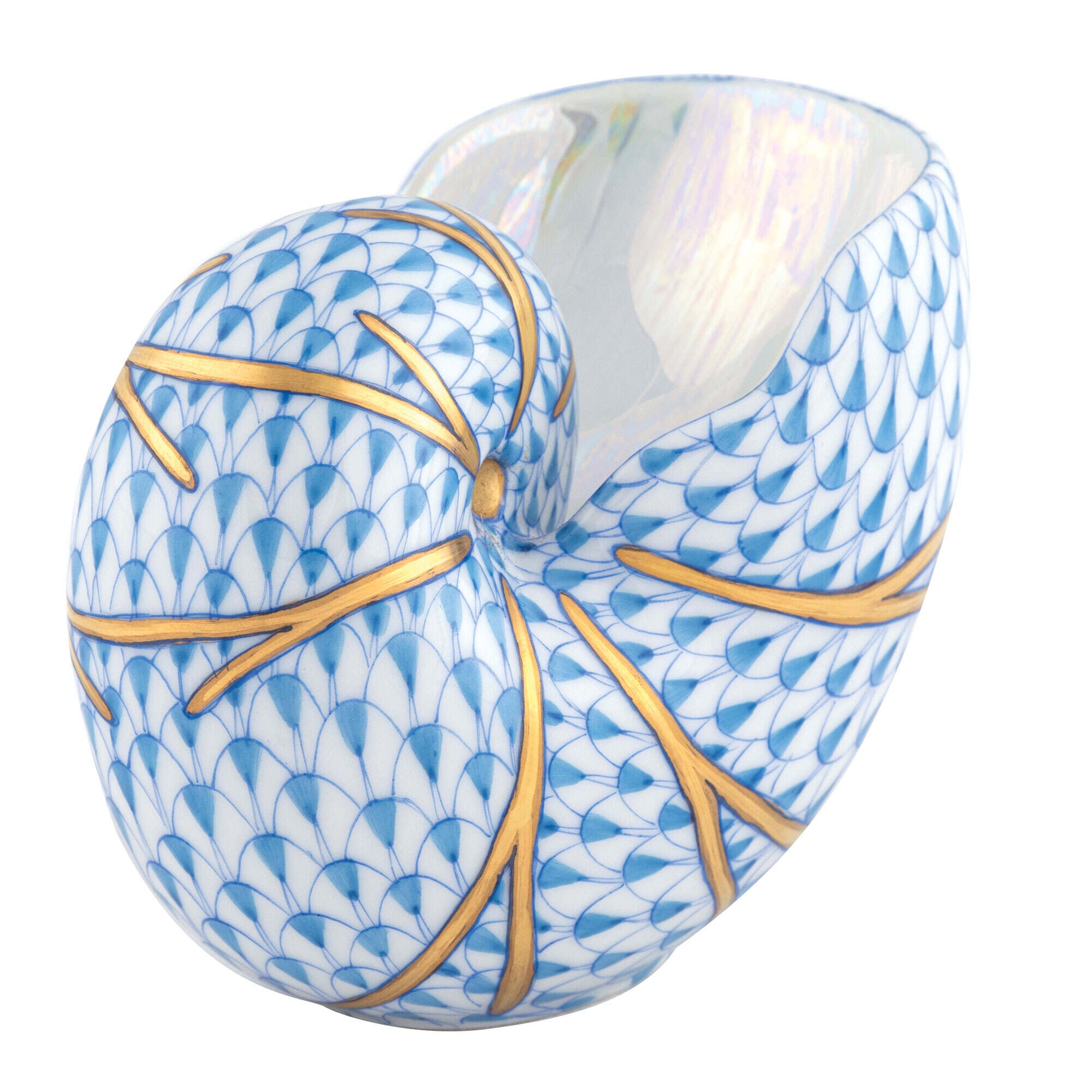 Hand-painted Herend Small Nautilus Figurine in Blue fishnet porcelain on a white background