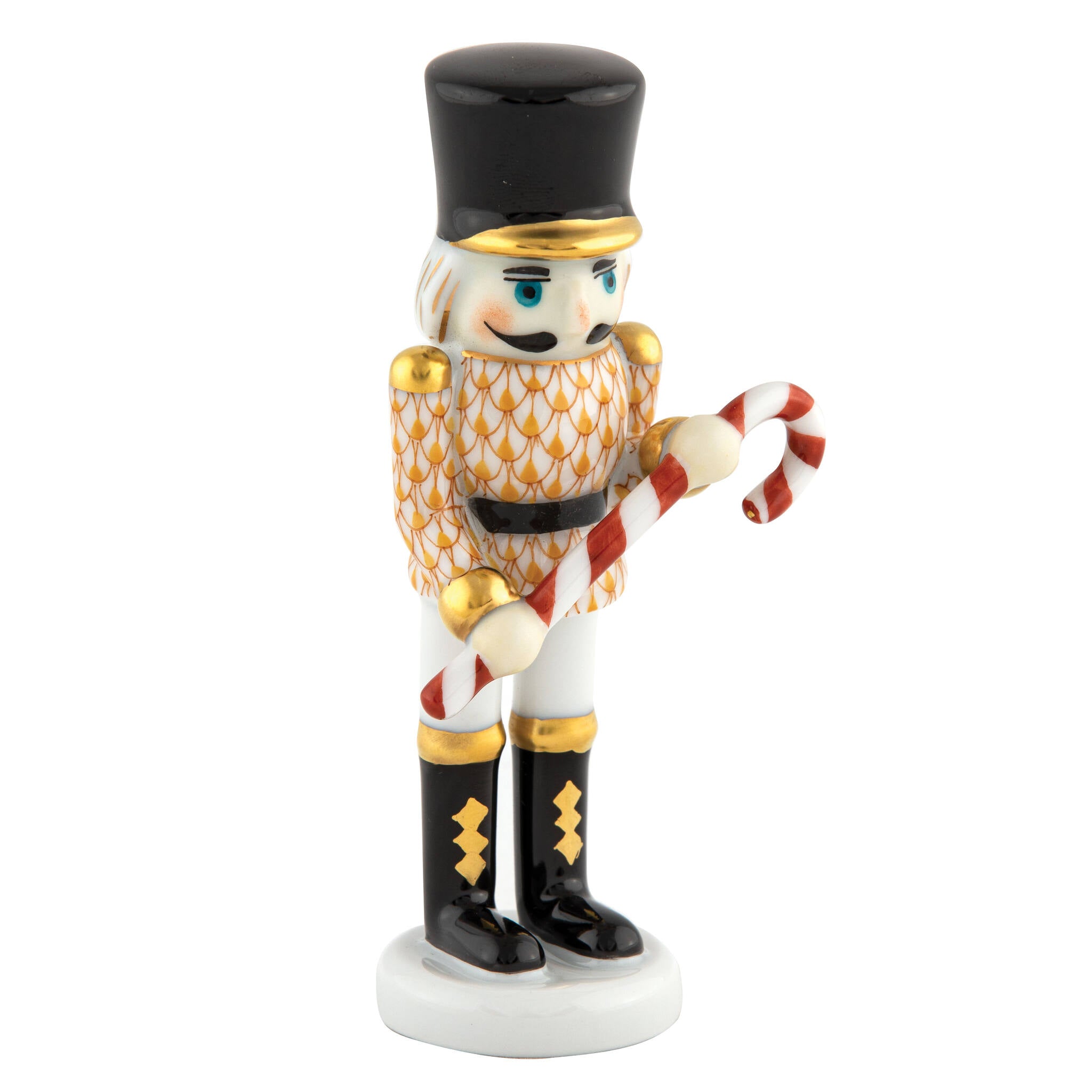 Herend Small Nutcracker W/Candy Cane Figurine porcelain figurine painted in the Butterscotch fishnet pattern