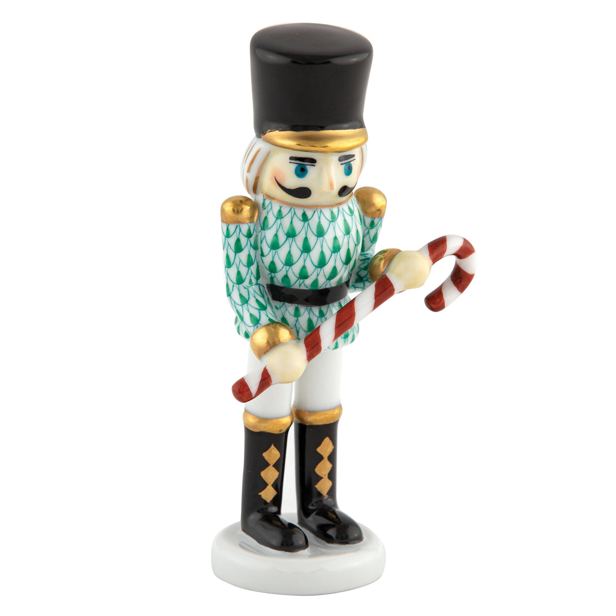 Herend Small Nutcracker W/Candy Cane Figurine porcelain figurine painted in the Green fishnet pattern