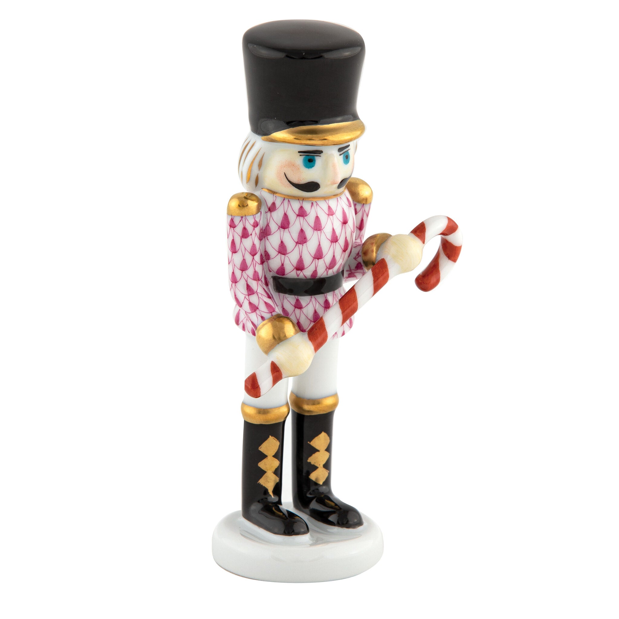 Herend Small Nutcracker W/Candy Cane Figurine porcelain figurine painted in the Raspberry fishnet pattern