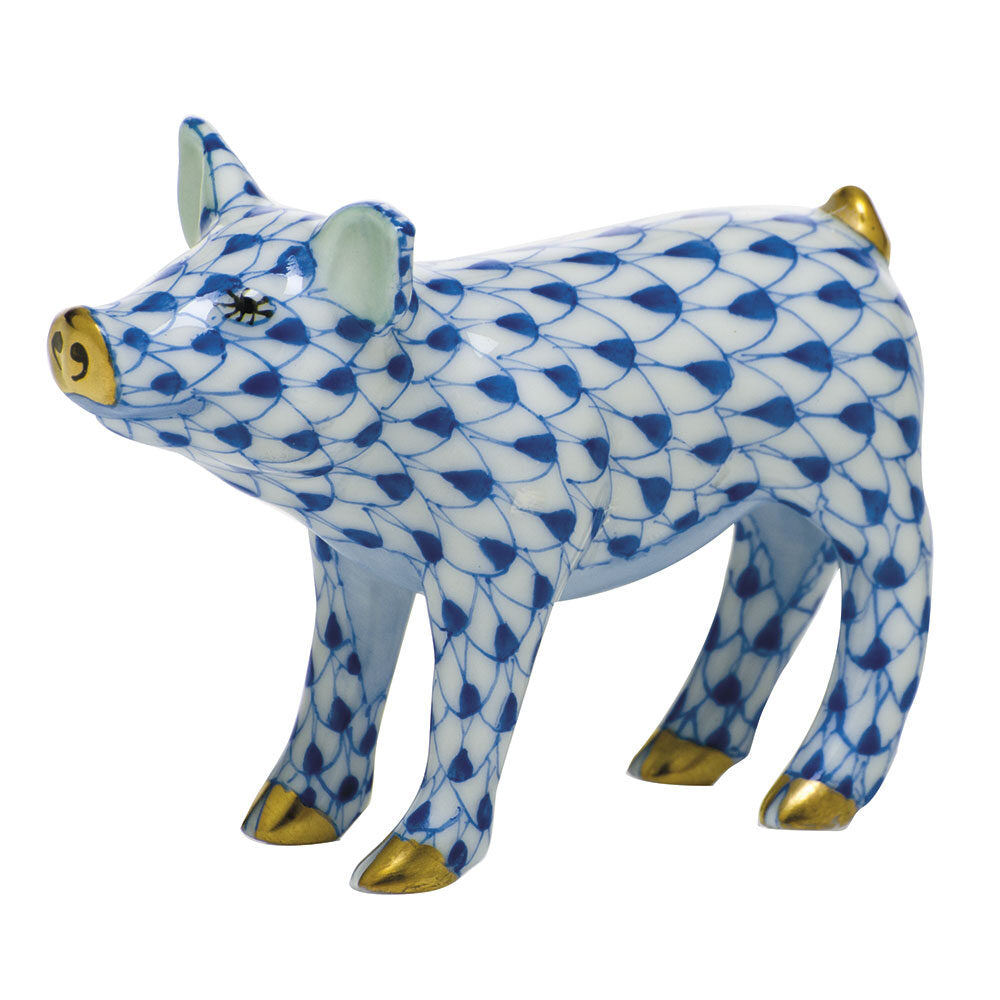 Sapphire fishnet Smiling Pig Figurine figurine, hand-painted Herend porcelain with 24k gold accents