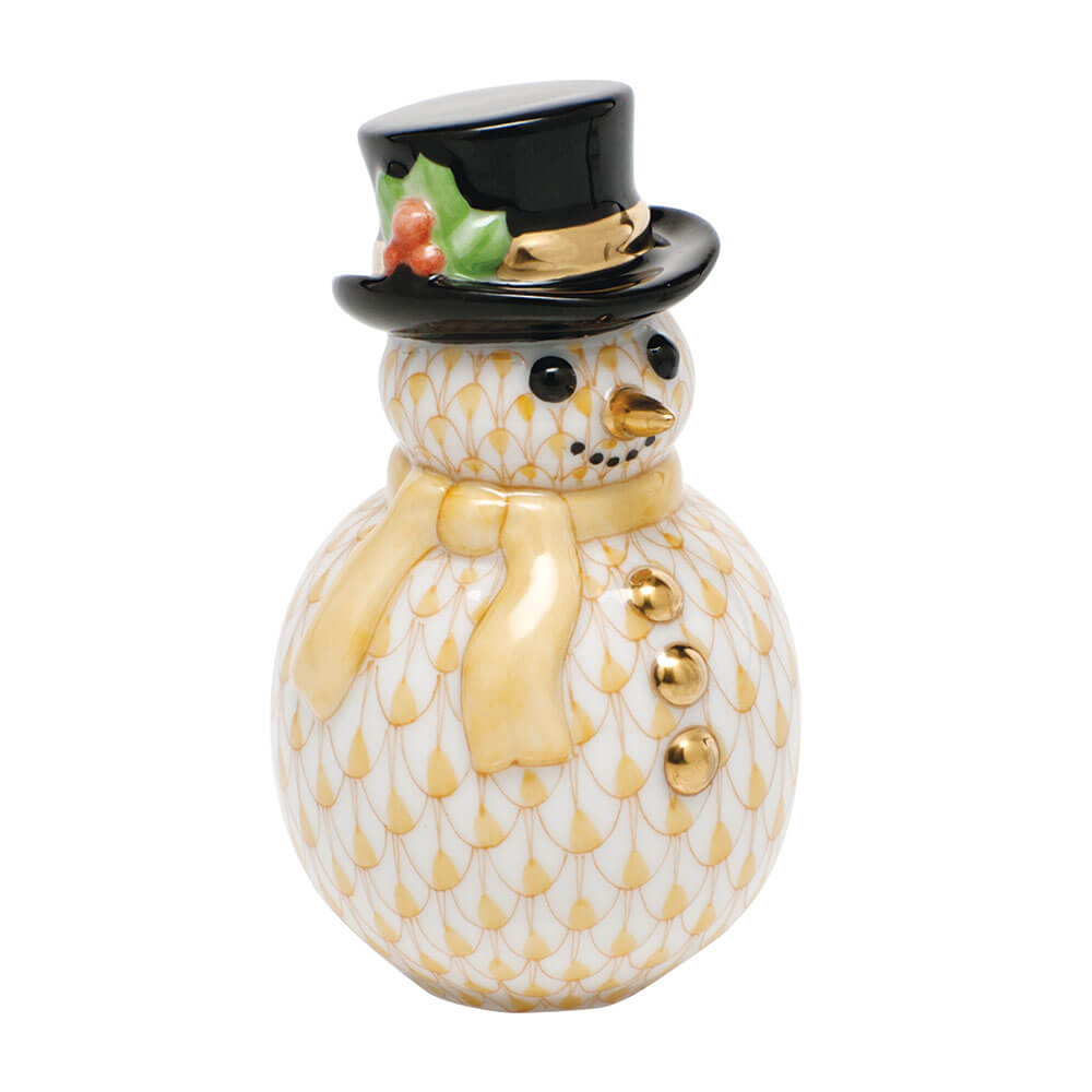 Herend Snowman in Butterscotch - Hand-Painted Porcelain Figurine