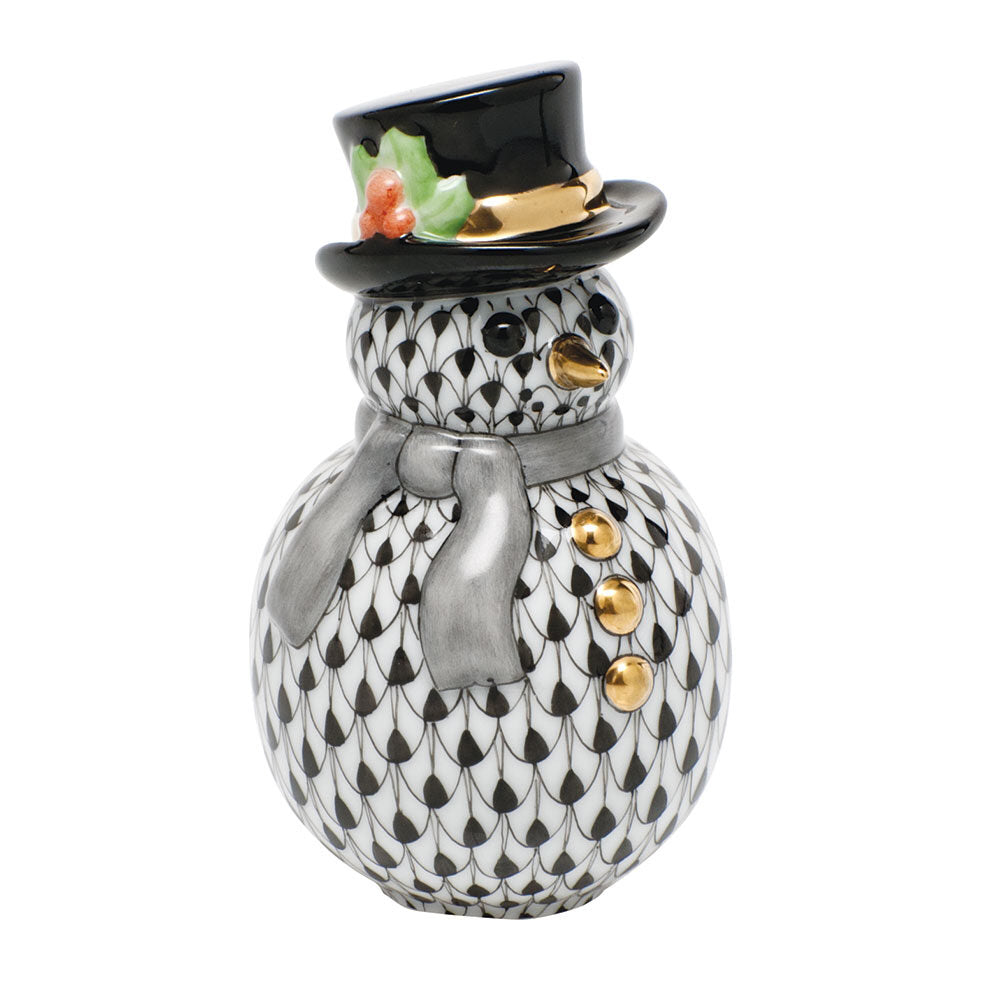 Herend Snowman with Scarf Figurine porcelain figurine painted in the Black fishnet pattern