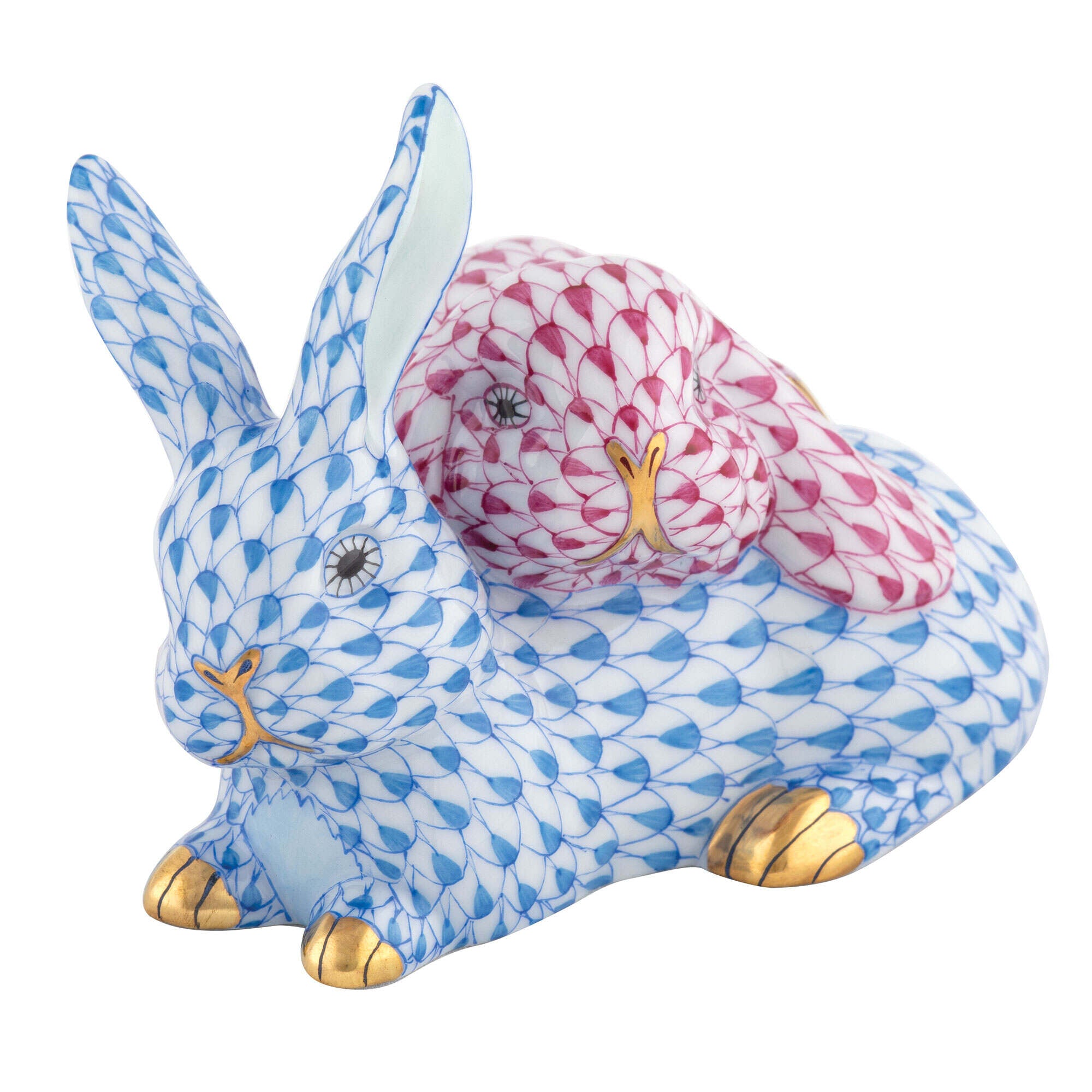 Snuggle Bunnies Figurine in hand-painted Blue-Raspberry porcelain by Herend of Hungary