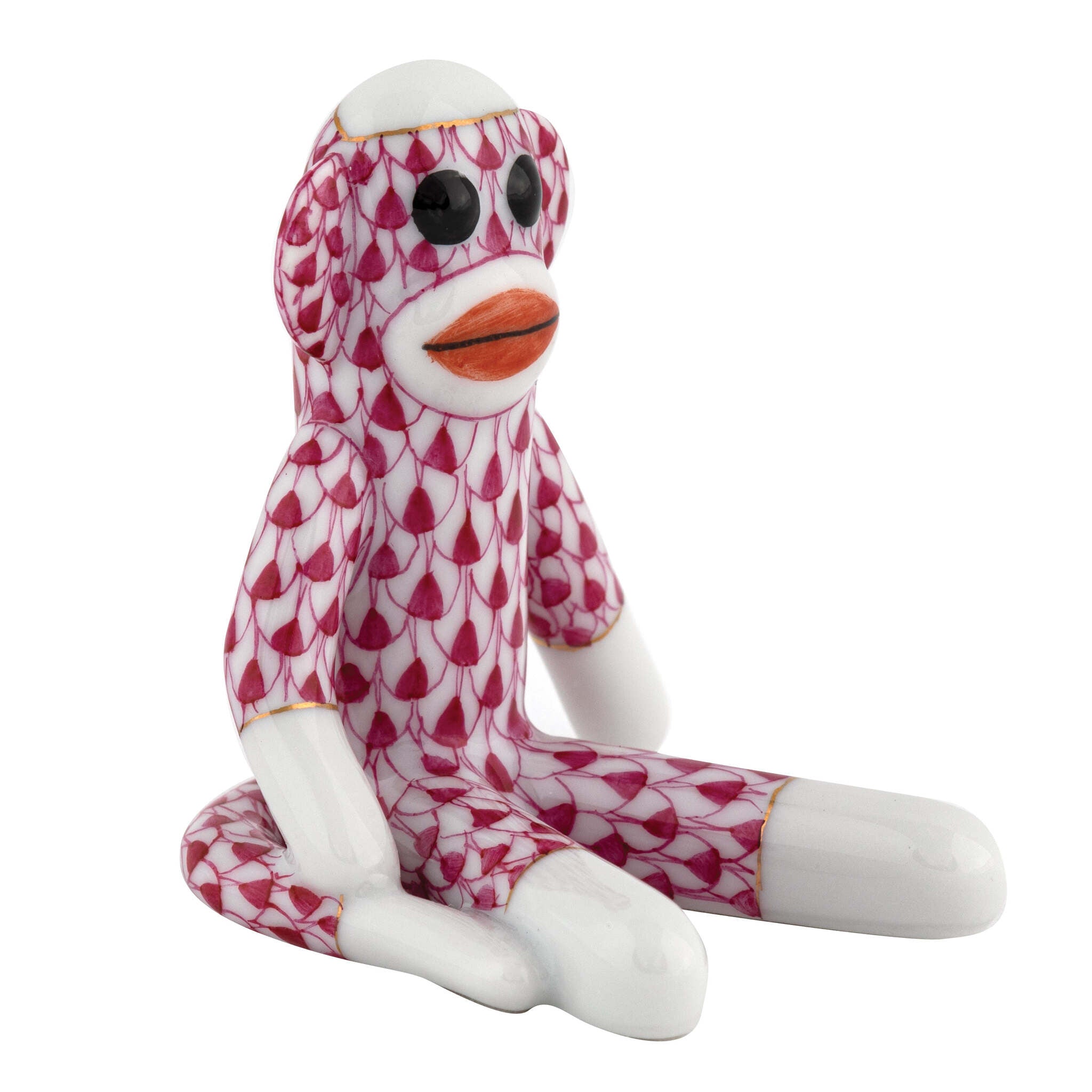 Sock Monkey Figurine in hand-painted Raspberry porcelain by Herend of Hungary