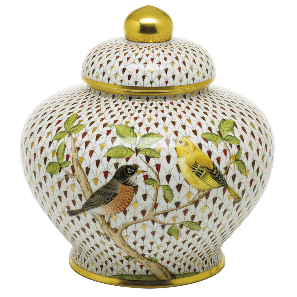 Hand-painted Herend Songbird Ginger Jar in fine porcelain, 8.5in H X 9in D, on a white background