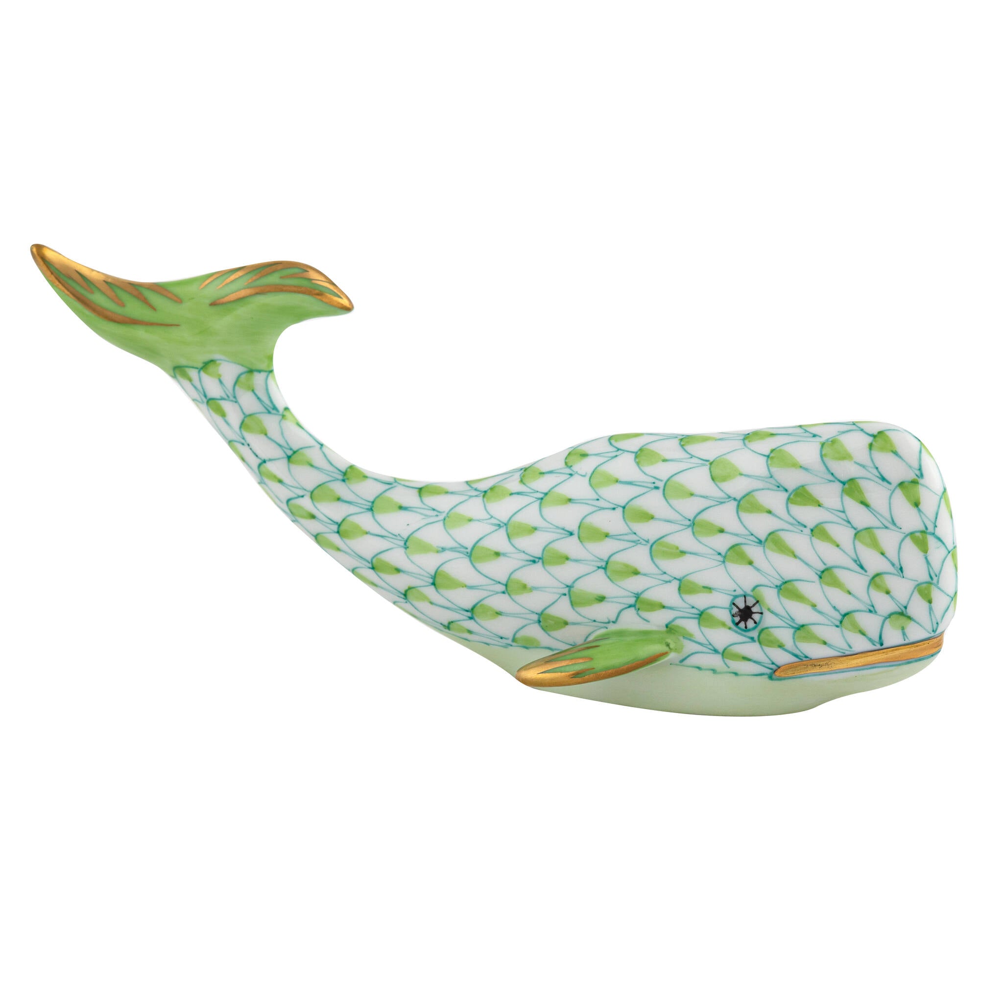 Hand-painted Herend Sperm Whale Figurine in Key Lime fishnet porcelain on a white background