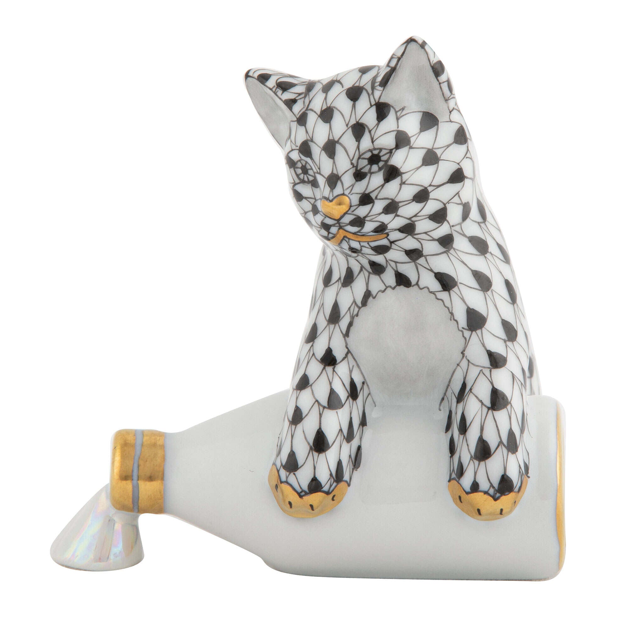 Hand-painted Herend Spilled Milk Figurine in Black fishnet porcelain on a white background