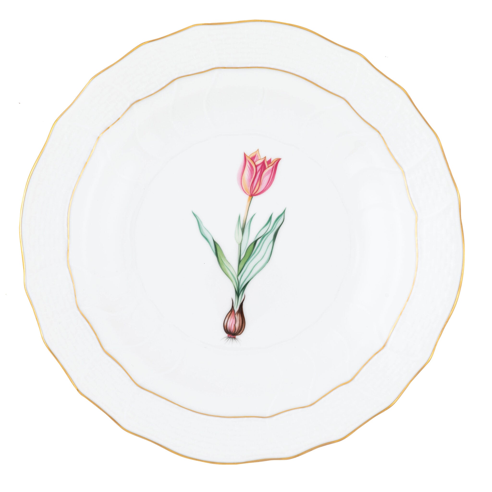 Hand-painted Herend Spring Bulbs Spring Dessert -Tulip Dessert Plate in fine porcelain, 8.25in D, on a white background