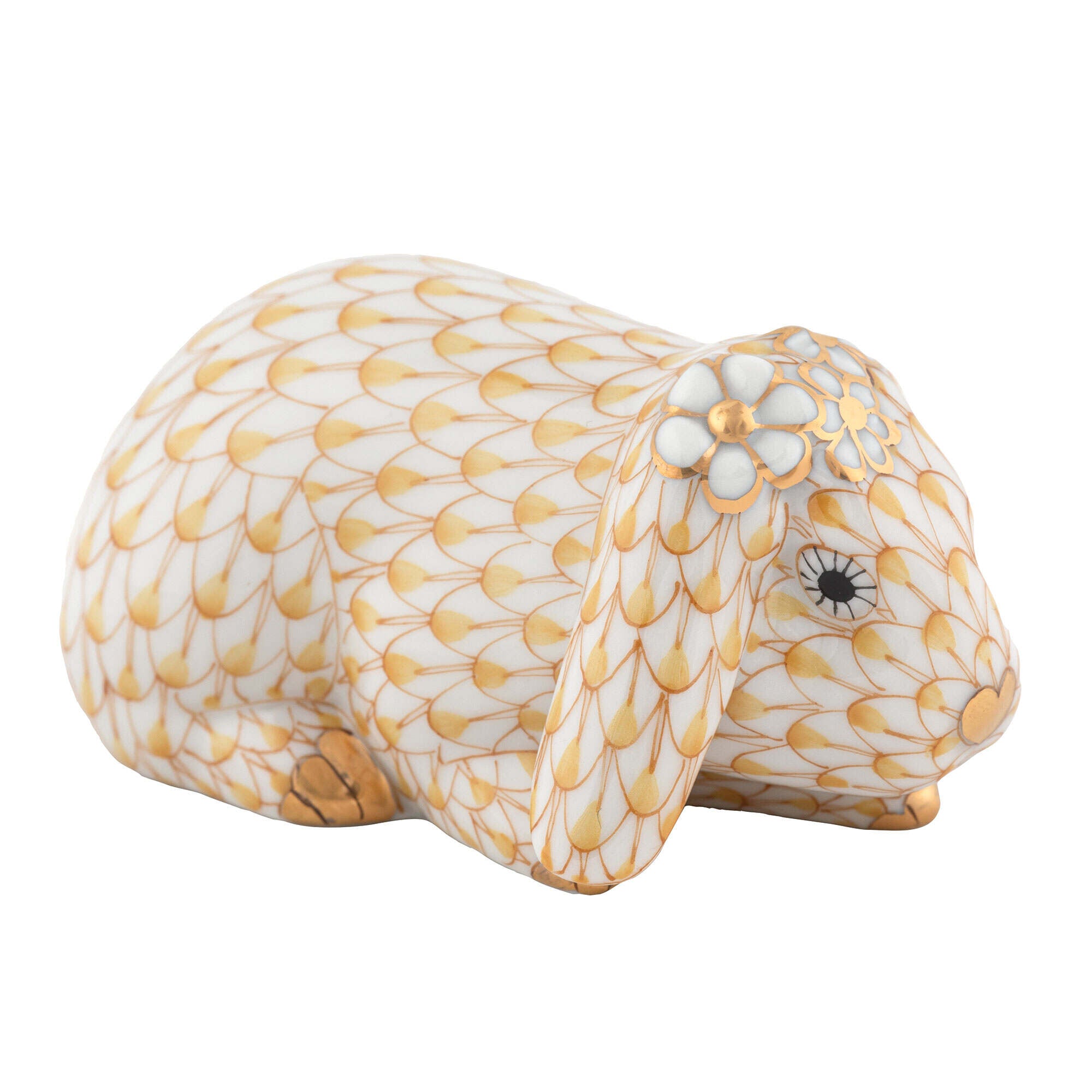 Butterscotch fishnet Spring Bunny Figurine figurine, hand-painted Herend porcelain with 24k gold accents