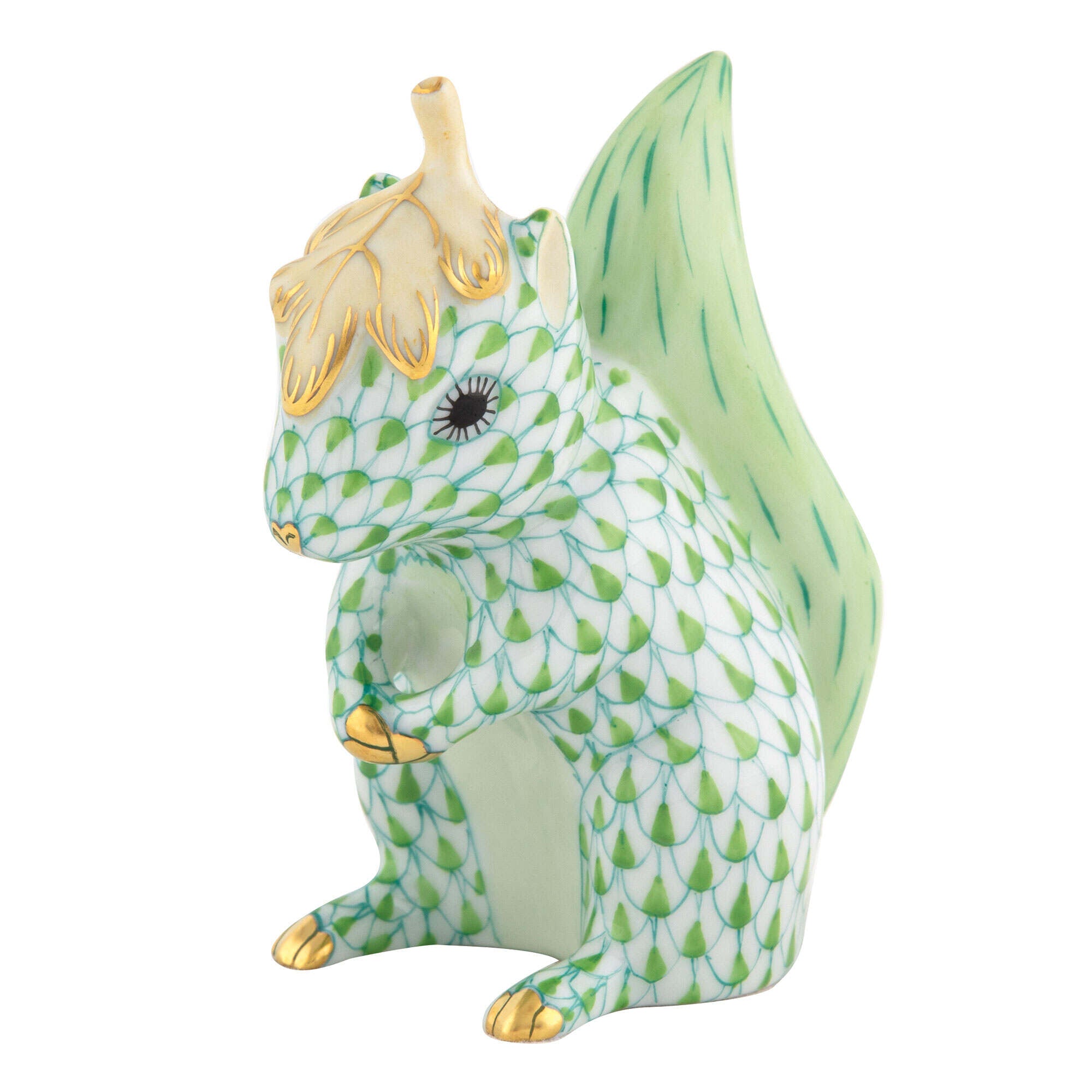 Herend Squirrel with Leaf Figurine porcelain figurine painted in the Key Lime fishnet pattern