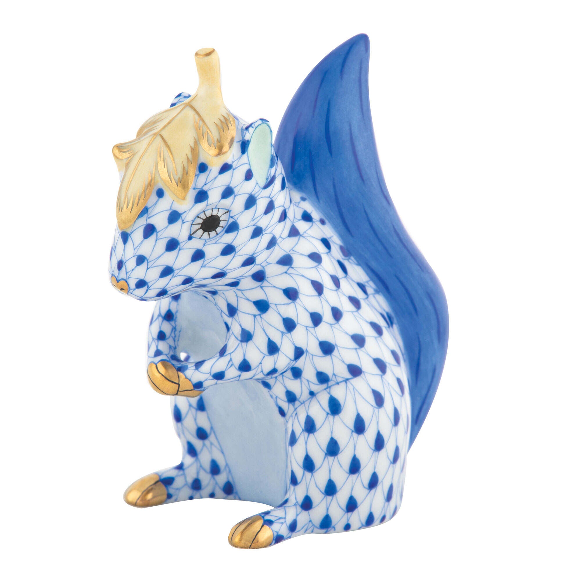 Sapphire fishnet Squirrel with Leaf Figurine figurine, hand-painted Herend porcelain with 24k gold accents