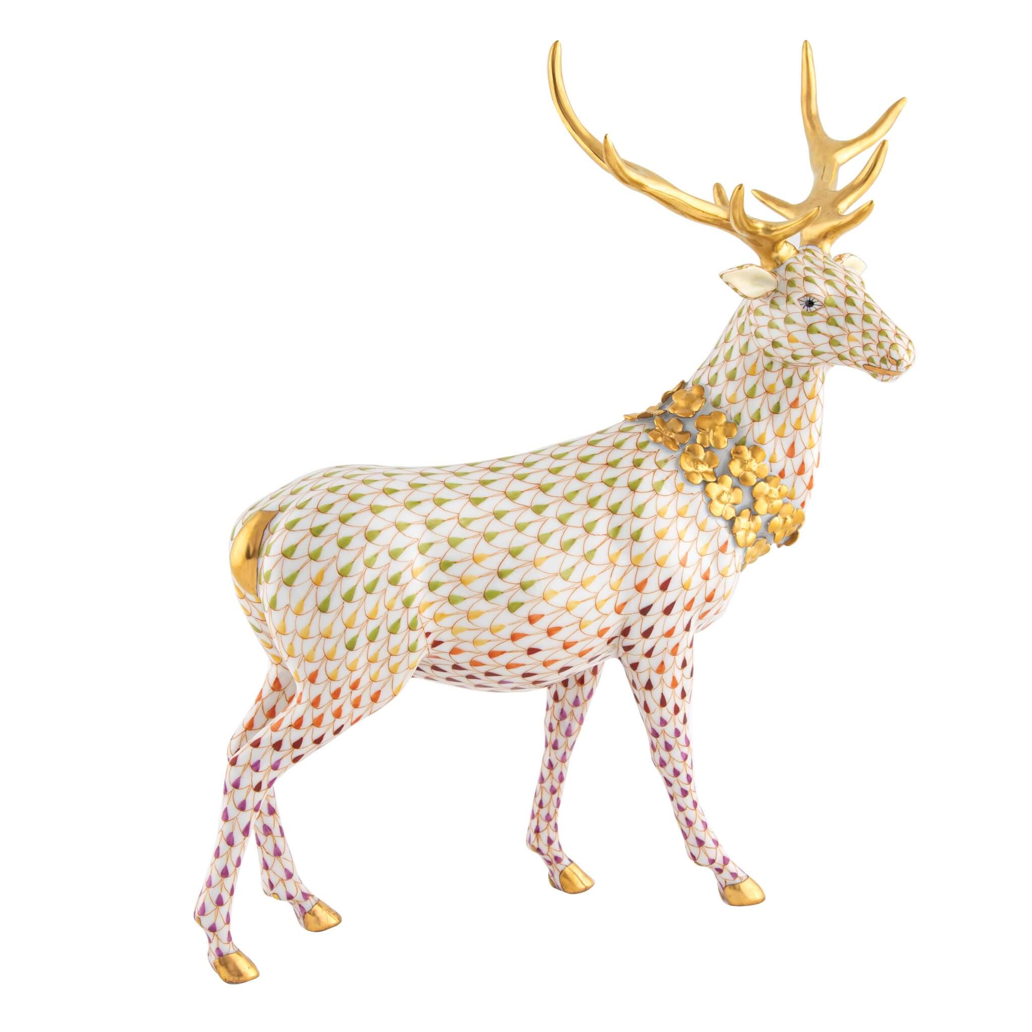Hand-painted Herend Stag with Flower Garland Figurine in fine porcelain, 9in L X 4.25in W X 9.75in H, on a white background