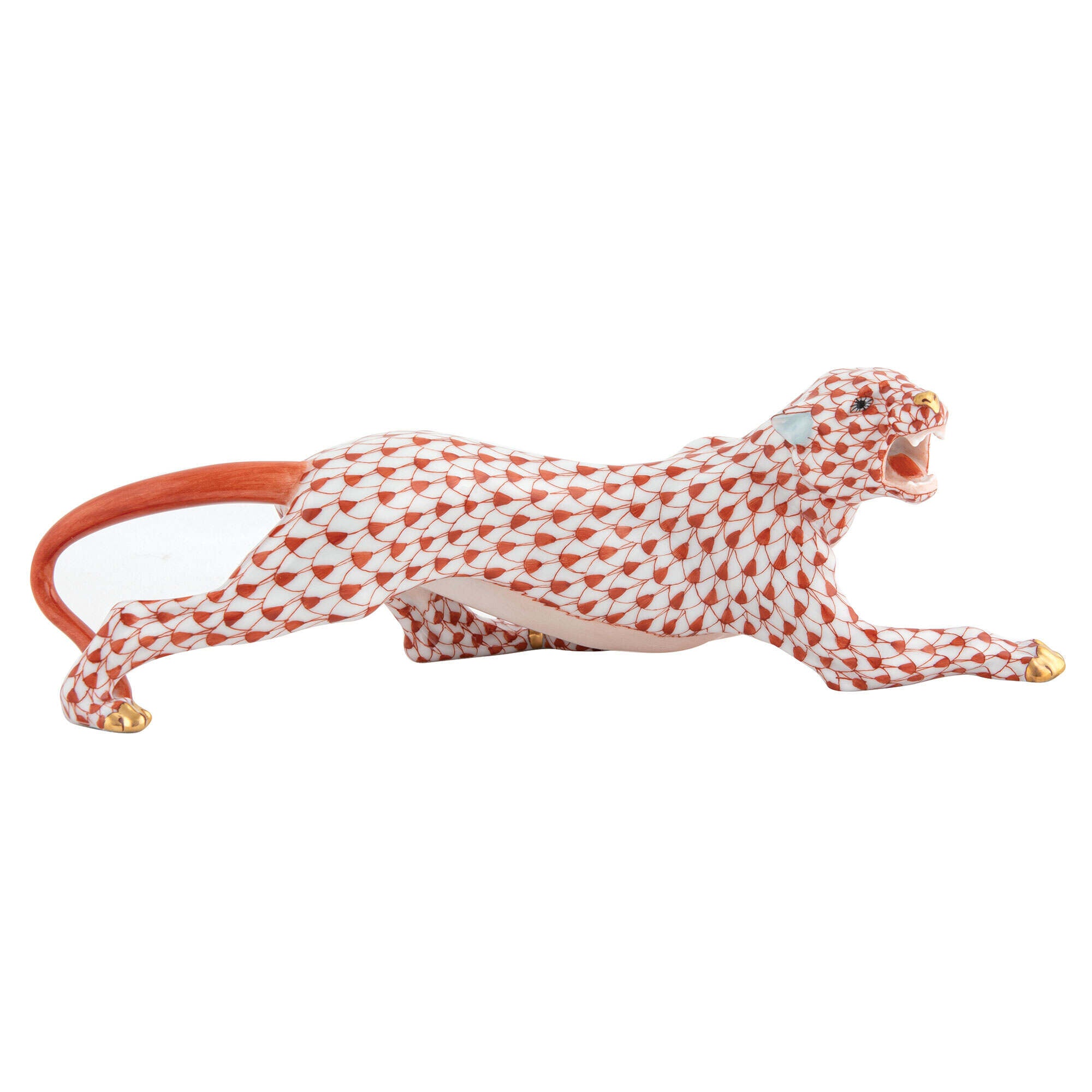 Hand-painted Herend Stalking Tiger Figurine in Rust fishnet porcelain on a white background