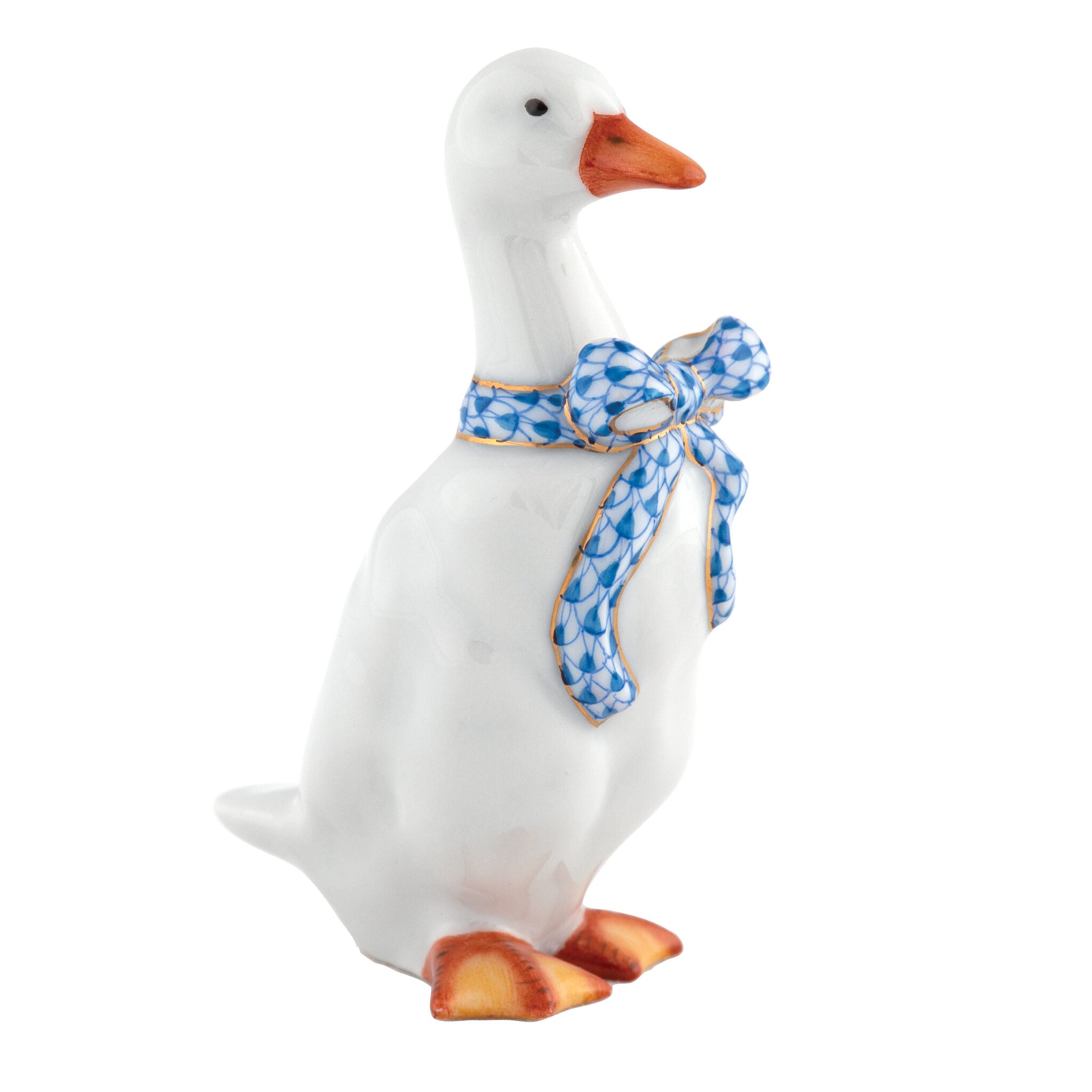 Blue fishnet Standing Duck Figurine figurine, hand-painted Herend porcelain with 24k gold accents