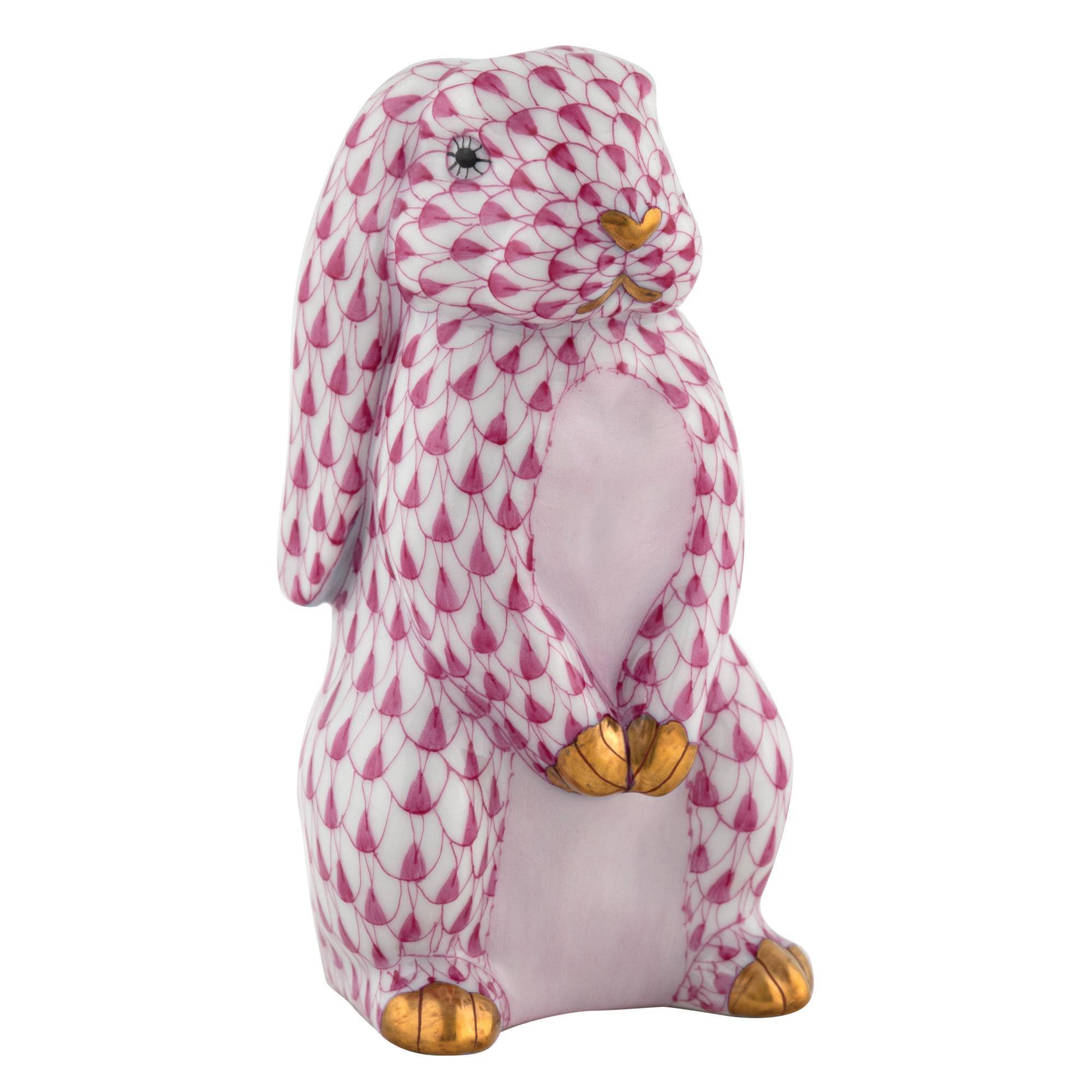 Raspberry fishnet Standing Lop Ear Bunny Figurine figurine, hand-painted Herend porcelain with 24k gold accents