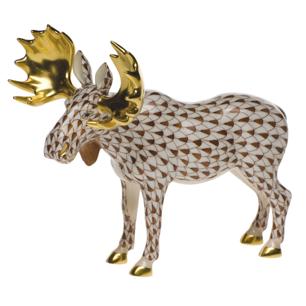 Herend Standing Moose Figurine porcelain figurine painted in the Chocolate fishnet pattern