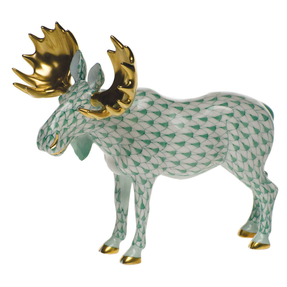 Hand-painted Herend Standing Moose Figurine in Green fishnet porcelain on a white background