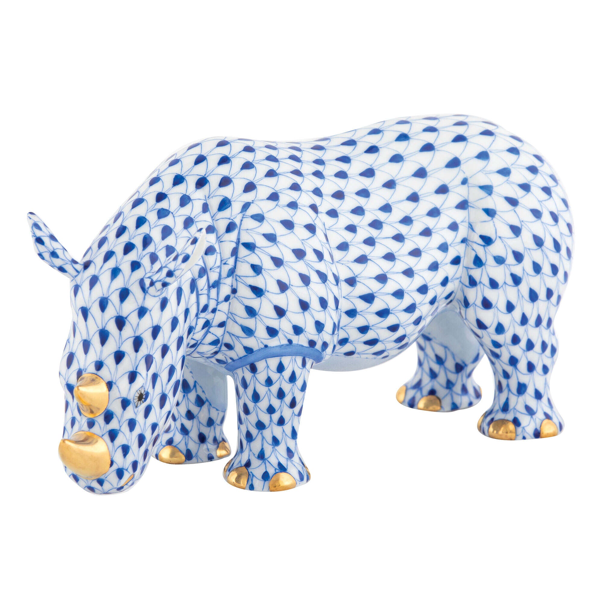 Hand-painted Herend Standing Rhinoceros Figurine in Sapphire fishnet porcelain on a white background