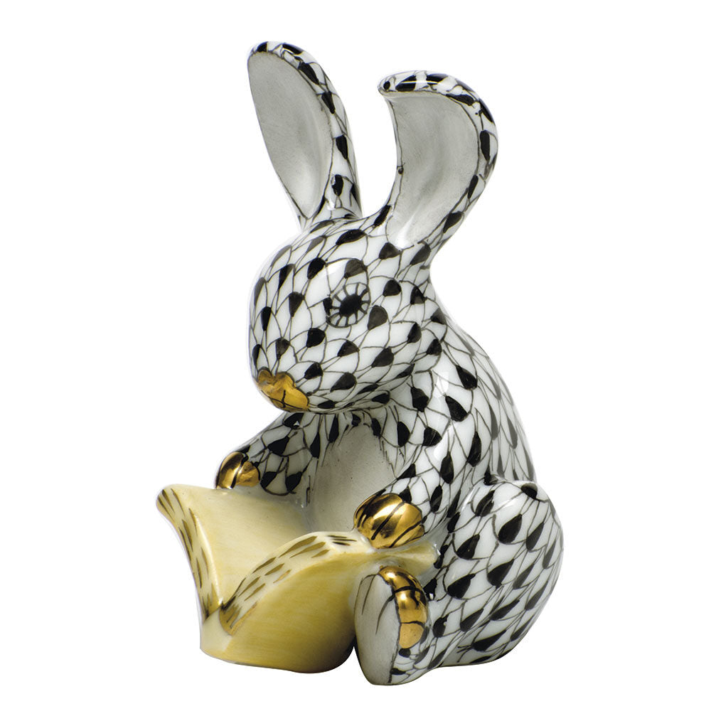 Hand-painted Herend Storybook Bunny Figurine in Black fishnet porcelain on a white background