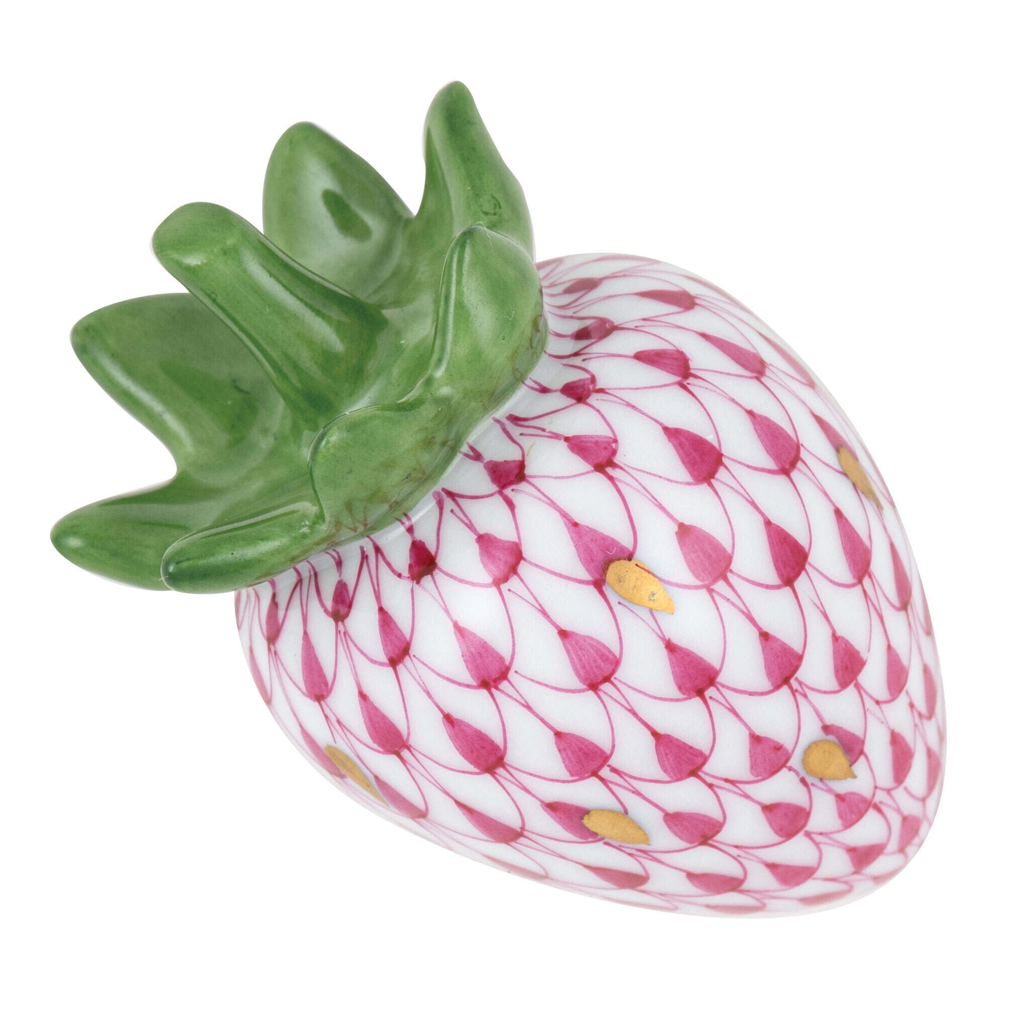Hand-painted Herend Strawberry Figurine in Raspberry fishnet porcelain on a white background