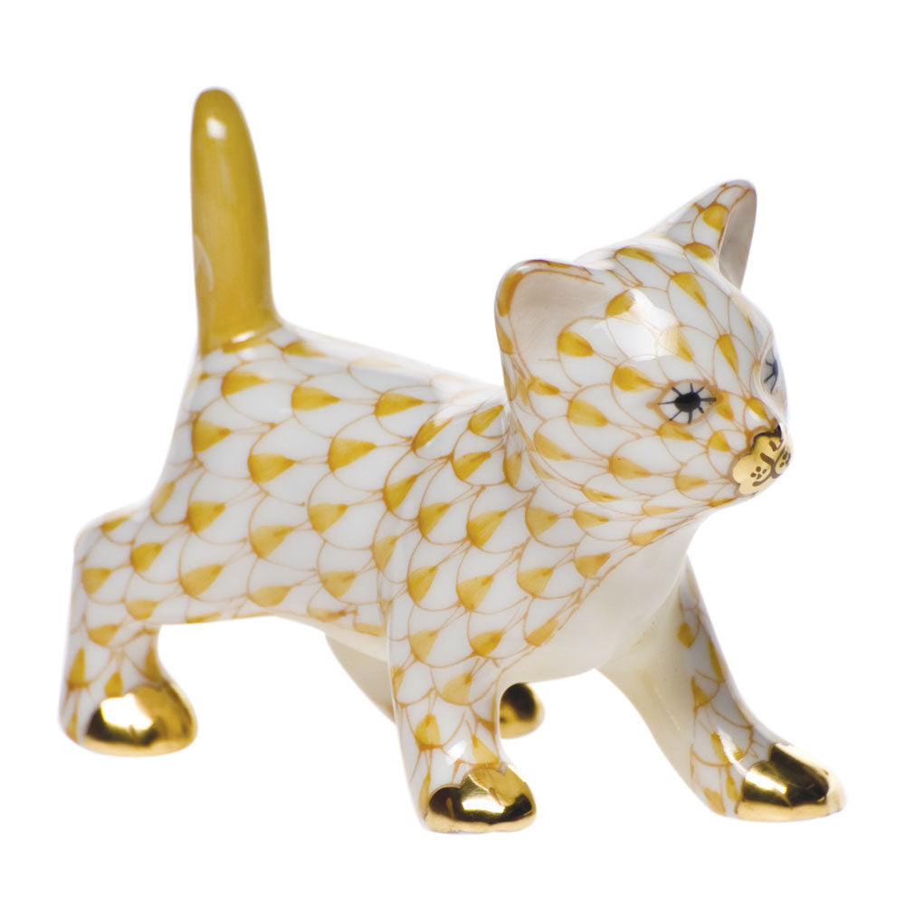 Butterscotch fishnet Strutting Kitty Figurine figurine, hand-painted Herend porcelain with 24k gold accents