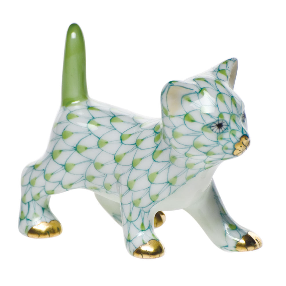 Hand-painted Herend Strutting Kitty Figurine in Key Lime fishnet porcelain on a white background