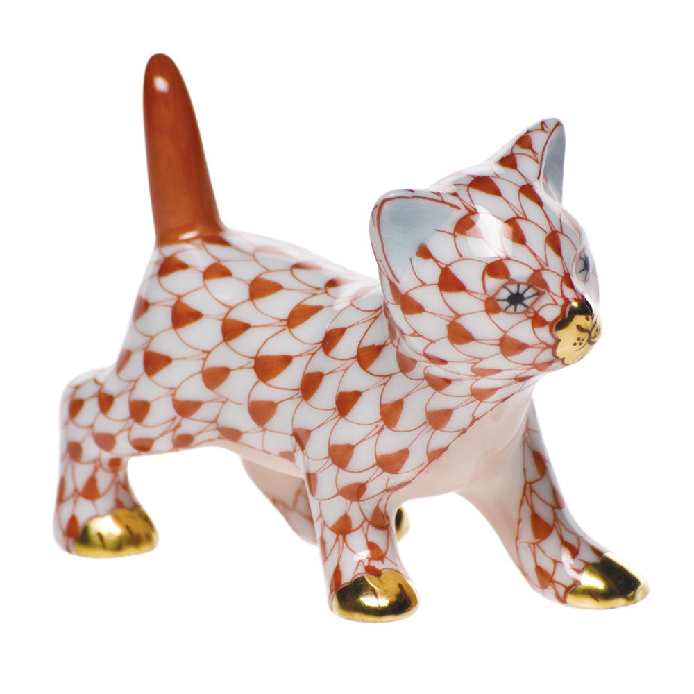 Hand-painted Herend Strutting Kitty Figurine in Rust fishnet porcelain on a white background