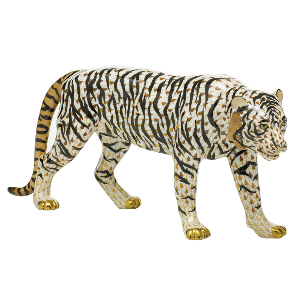 Hand-painted Herend Sumatran Tiger Figurine in fine porcelain, 11in L X 3in W X 5in H, on a white background