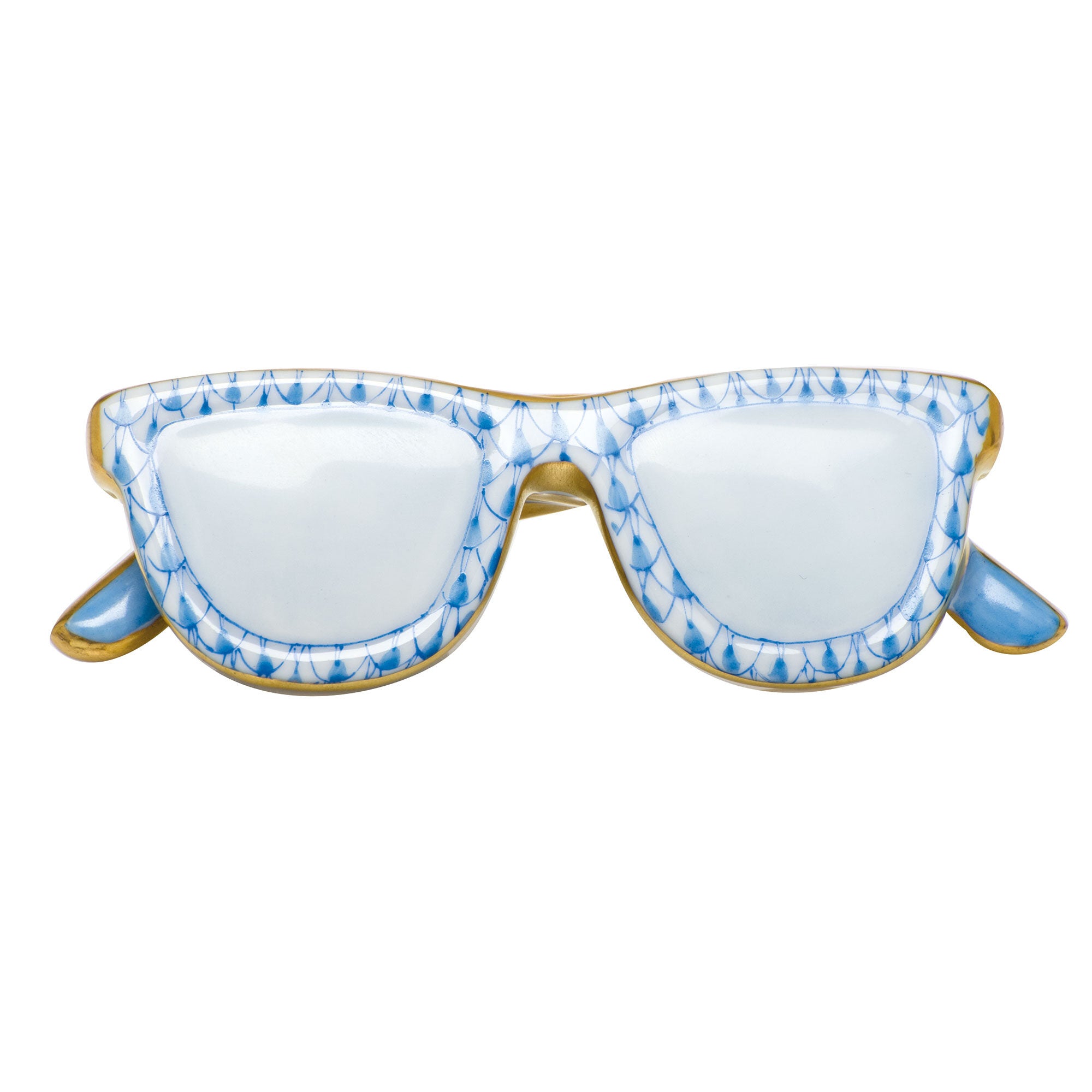 Hand-painted Herend Sunglasses Figurine in Blue fishnet porcelain on a white background